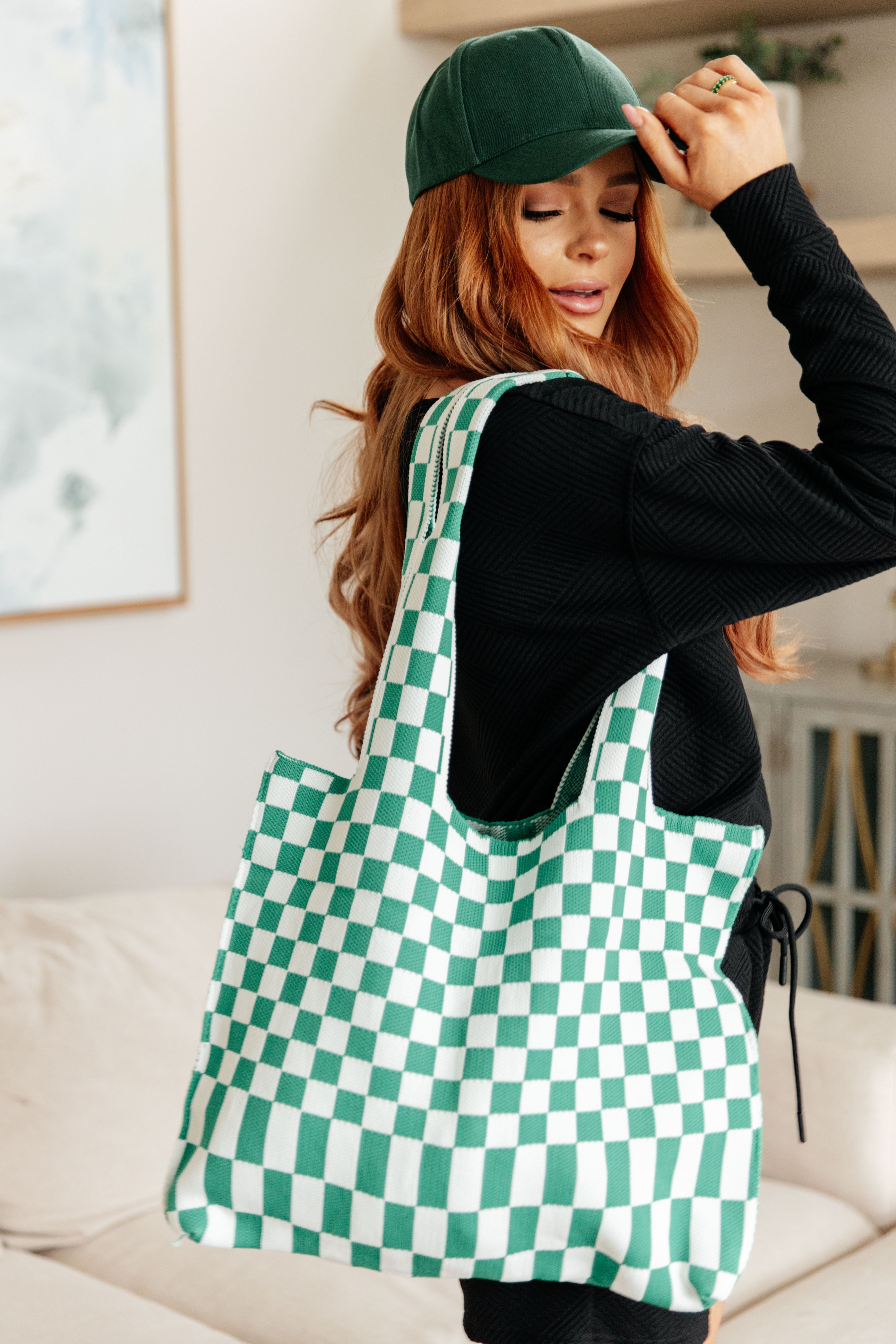 Checkerboard Lazy Wind Big Bag in Green & White-Purses & Bags-Krush Kandy, Women's Online Fashion Boutique Located in Phoenix, Arizona (Scottsdale Area)