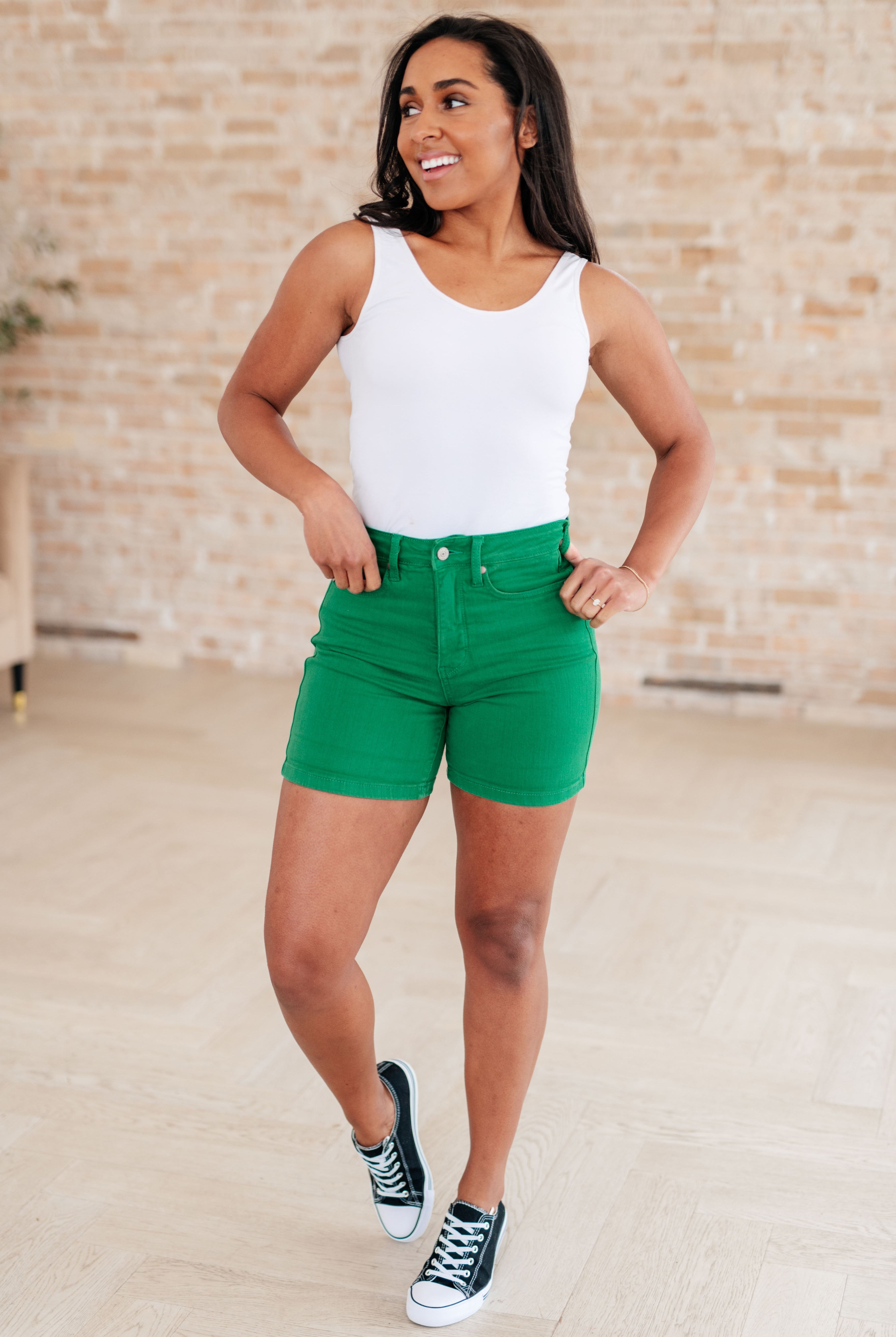 Jenna High Rise Control Top Cuffed Shorts in Green-Denim-Krush Kandy, Women's Online Fashion Boutique Located in Phoenix, Arizona (Scottsdale Area)