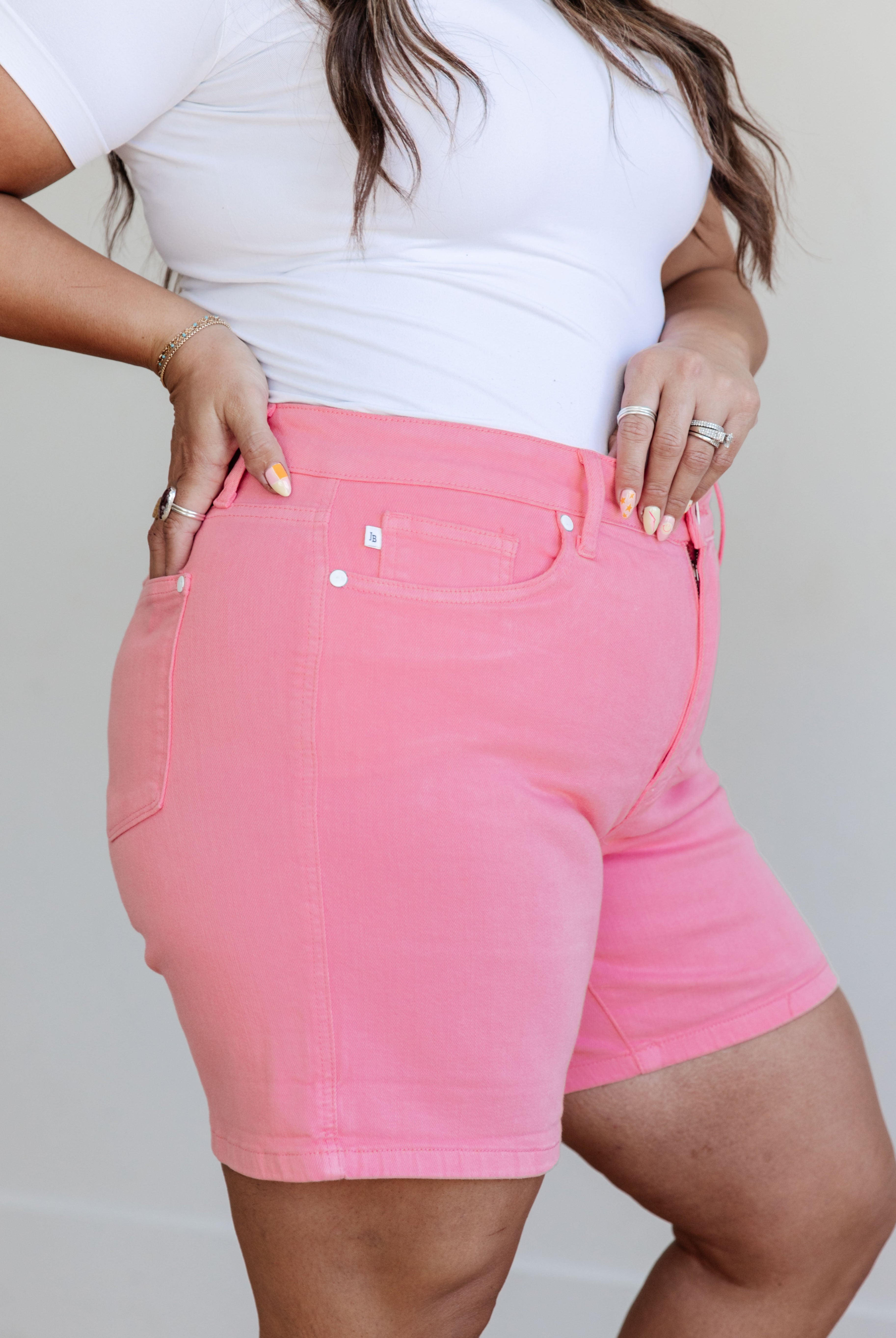 JUDY BLUE Jenna High Rise Control Top Cuffed Shorts in Pink-Shorts-Krush Kandy, Women's Online Fashion Boutique Located in Phoenix, Arizona (Scottsdale Area)