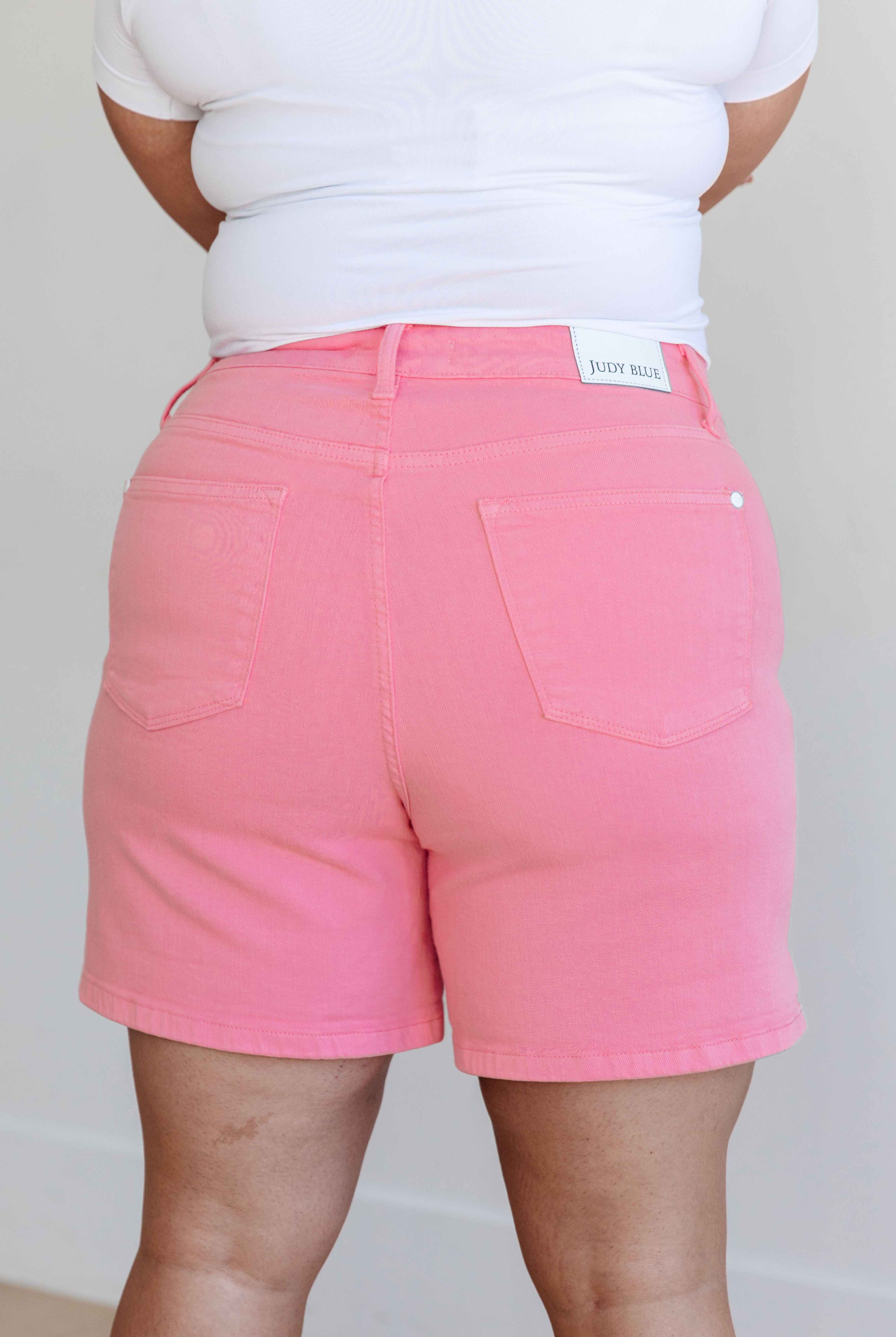 JUDY BLUE Jenna High Rise Control Top Cuffed Shorts in Pink-Shorts-Krush Kandy, Women's Online Fashion Boutique Located in Phoenix, Arizona (Scottsdale Area)