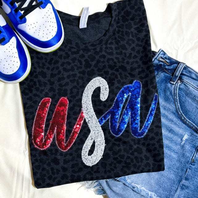PREORDER Leopard Cursive USA Patriotic 4th of July Tee-Graphic Tees-Krush Kandy, Women's Online Fashion Boutique Located in Phoenix, Arizona (Scottsdale Area)