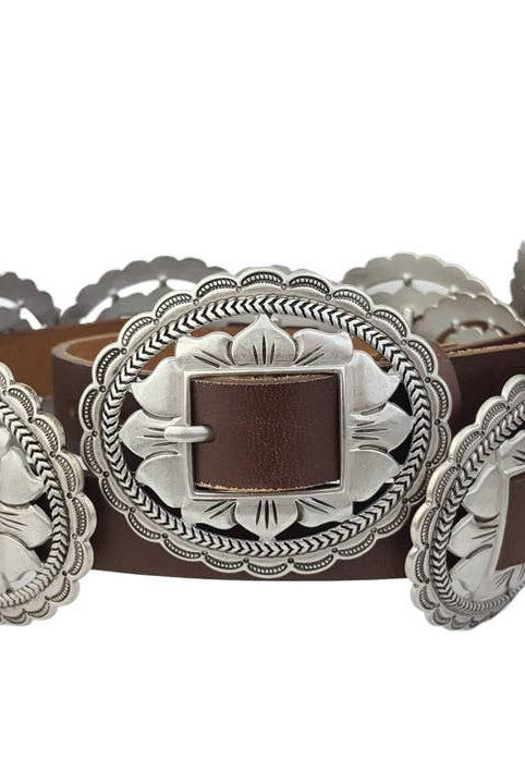 Front View. 100% Genuine Leather Floral Concho Belt-Belts-Krush Kandy, Women's Online Fashion Boutique Located in Phoenix, Arizona (Scottsdale Area)