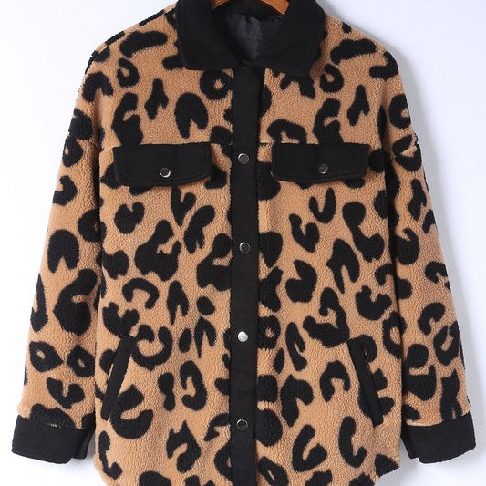 Contrast Trimmed Leopard Teddy Shacket-Jackets-Krush Kandy, Women's Online Fashion Boutique Located in Phoenix, Arizona (Scottsdale Area)