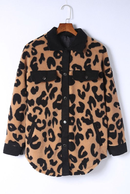 Contrast Trimmed Leopard Teddy Shacket-Jackets-Krush Kandy, Women's Online Fashion Boutique Located in Phoenix, Arizona (Scottsdale Area)
