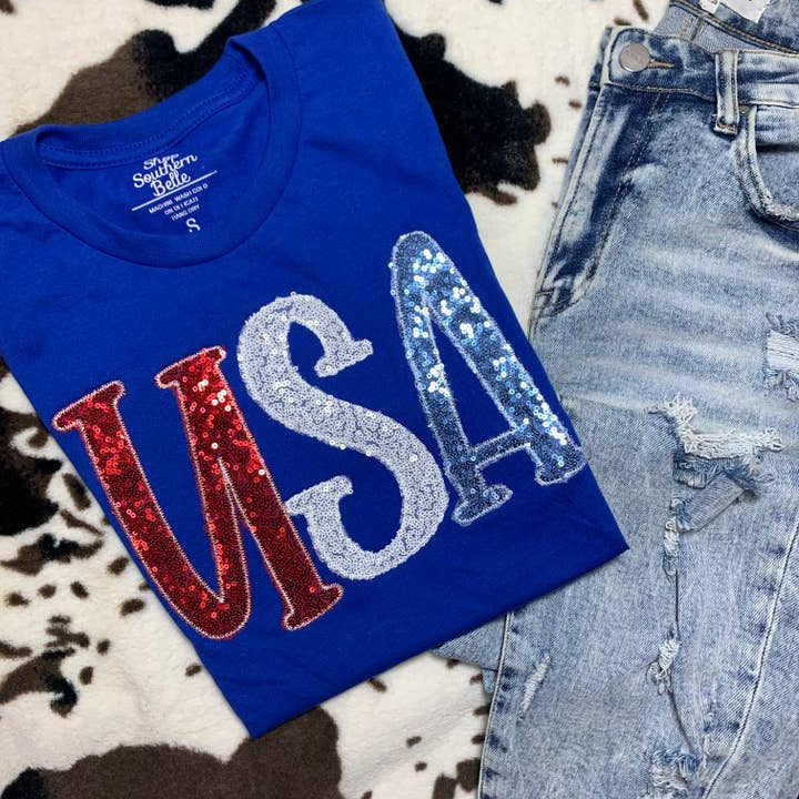 PREORDER USA Patriotic 4th of July Tee, Blue-Graphic Tees-Krush Kandy, Women's Online Fashion Boutique Located in Phoenix, Arizona (Scottsdale Area)