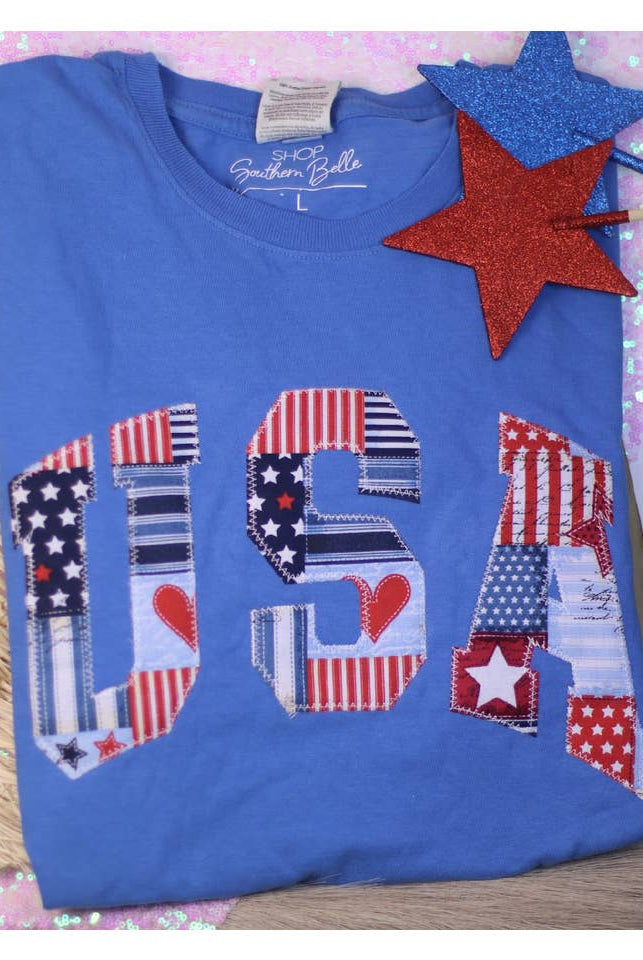 Patchwork USA Patriotic 4th of July Short Sleeve-Graphic Tees-Krush Kandy, Women's Online Fashion Boutique Located in Phoenix, Arizona (Scottsdale Area)