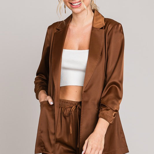 Satin Ruched Cuff Blazer Jacket-Blazers-Krush Kandy, Women's Online Fashion Boutique Located in Phoenix, Arizona (Scottsdale Area)