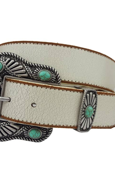 White Blue Stones View. Vintage Leather Belt with Western Buckle-Belts-Krush Kandy, Women's Online Fashion Boutique Located in Phoenix, Arizona (Scottsdale Area)