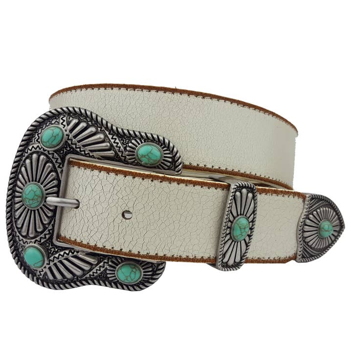 White Blue Stones View. Vintage Leather Belt with Western Buckle-Belts-Krush Kandy, Women's Online Fashion Boutique Located in Phoenix, Arizona (Scottsdale Area)