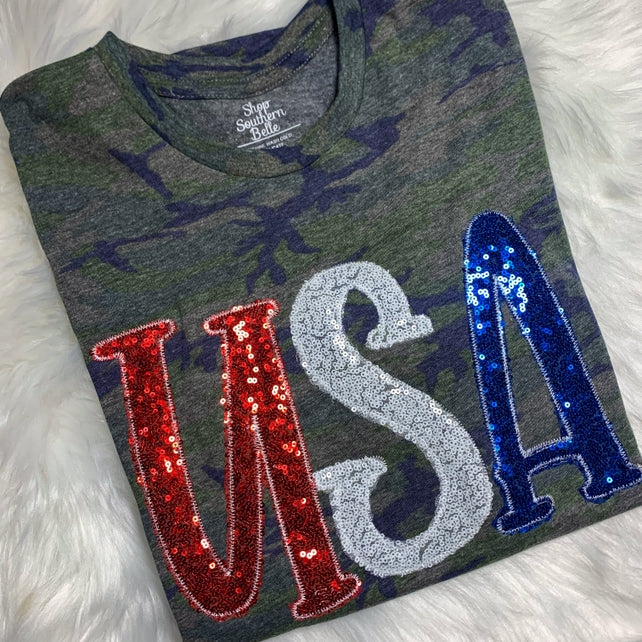 PREORDER USA Patriotic 4th of July Tee, Camo-Graphic Tees-Krush Kandy, Women's Online Fashion Boutique Located in Phoenix, Arizona (Scottsdale Area)