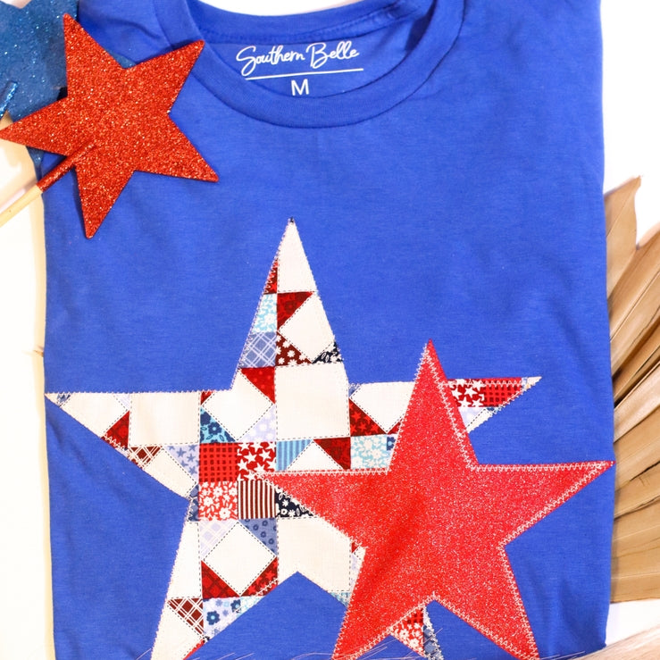 PREORDER Patchwork USA Patriotic Stars Tee-Graphic Tees-Krush Kandy, Women's Online Fashion Boutique Located in Phoenix, Arizona (Scottsdale Area)