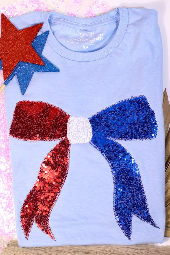 PREORDER Real Sequins Bow USA Patriotic 4th of July Short Tee-Graphic Tees-Krush Kandy, Women's Online Fashion Boutique Located in Phoenix, Arizona (Scottsdale Area)