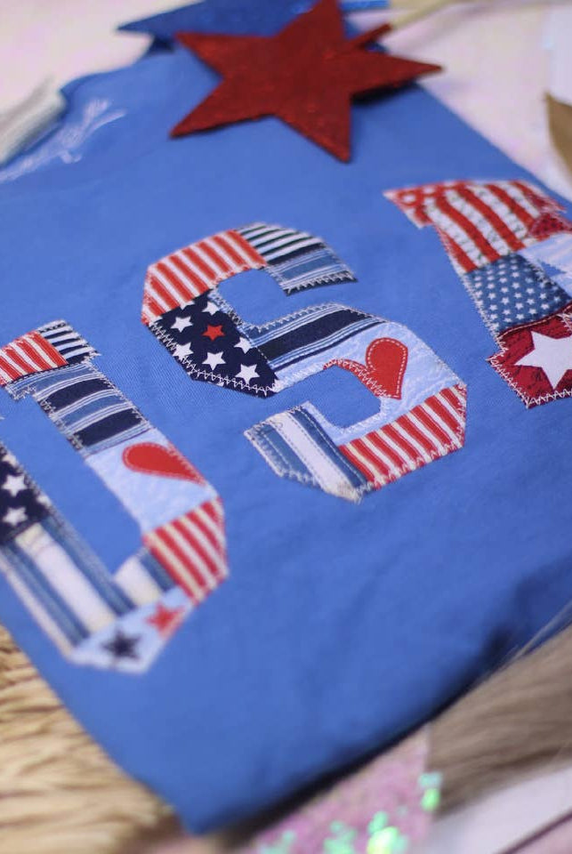 PREORDER Patchwork USA Patriotic 4th of July Short Sleeve-Graphic Tees-Krush Kandy, Women's Online Fashion Boutique Located in Phoenix, Arizona (Scottsdale Area)