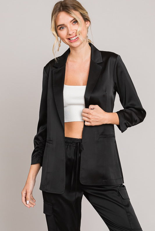 Satin Ruched Cuff Blazer Jacket-Blazers-Krush Kandy, Women's Online Fashion Boutique Located in Phoenix, Arizona (Scottsdale Area)