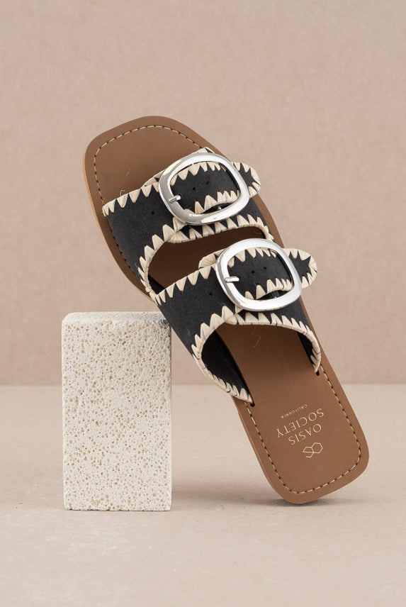 Francess Black Slide | Fun Double Buckle Sandal-Sandals-Krush Kandy, Women's Online Fashion Boutique Located in Phoenix, Arizona (Scottsdale Area)