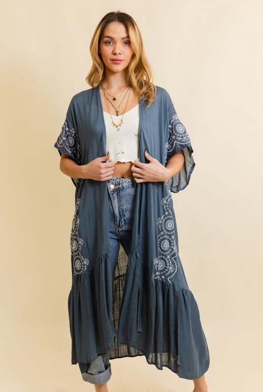 Boho Tribal Embroidered Longline Kimono-Kimonos-Krush Kandy, Women's Online Fashion Boutique Located in Phoenix, Arizona (Scottsdale Area)