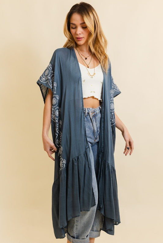 Boho Tribal Embroidered Longline Kimono-Kimonos-Krush Kandy, Women's Online Fashion Boutique Located in Phoenix, Arizona (Scottsdale Area)
