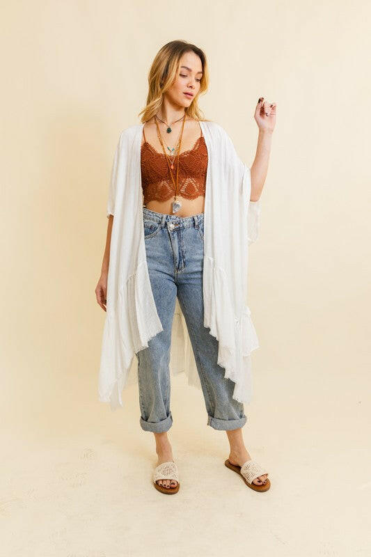 Solid Ruffle Edge Bohemian Kimono-Kimonos-Krush Kandy, Women's Online Fashion Boutique Located in Phoenix, Arizona (Scottsdale Area)