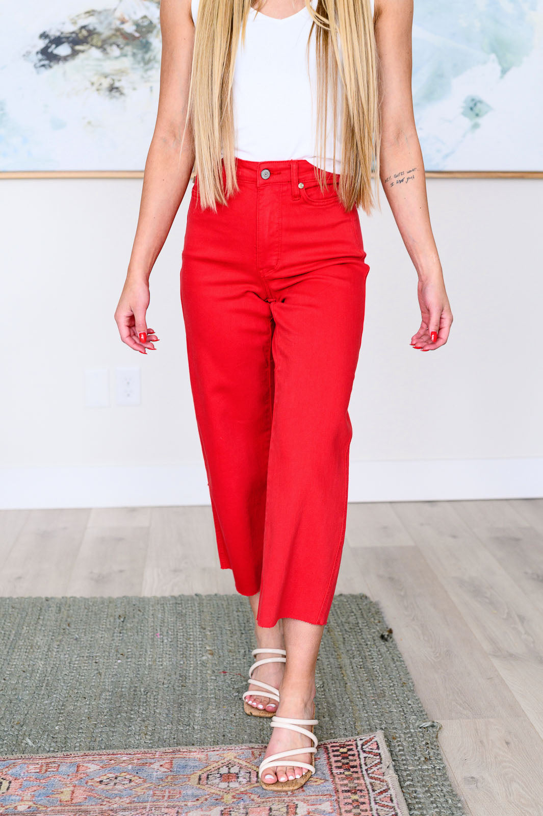 JUDY BLUE Lisa High Rise Control Top Wide Leg Crop Jeans in Red-Denim-Krush Kandy, Women's Online Fashion Boutique Located in Phoenix, Arizona (Scottsdale Area)