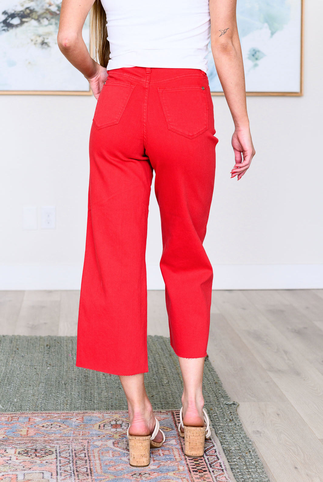 JUDY BLUE Lisa High Rise Control Top Wide Leg Crop Jeans in Red-Denim-Krush Kandy, Women's Online Fashion Boutique Located in Phoenix, Arizona (Scottsdale Area)