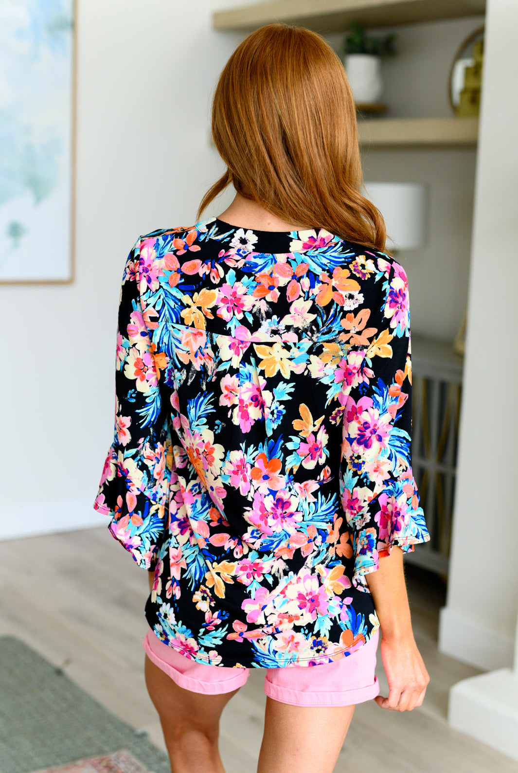 Lizzy Bell Sleeve Top Black and Teal Tropical Floral-Long Sleeve Tops-Krush Kandy, Women's Online Fashion Boutique Located in Phoenix, Arizona (Scottsdale Area)