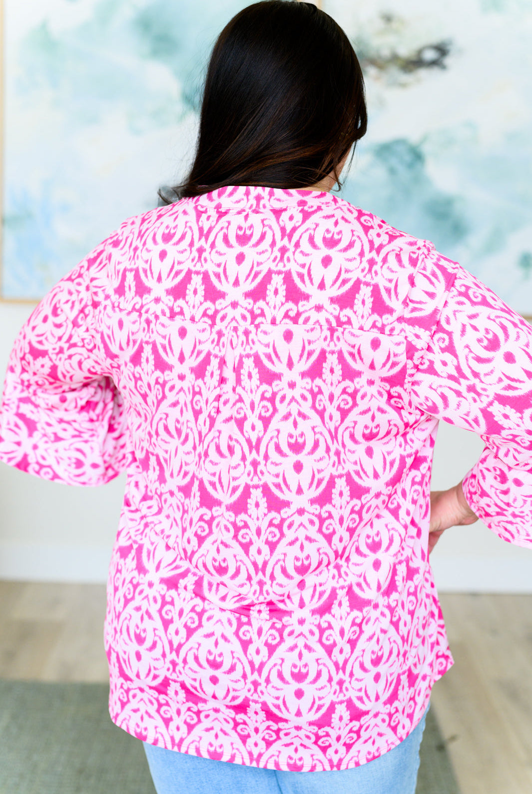 Lizzy Bell Sleeve Top in Hot Pink Damask-Long Sleeve Tops-Krush Kandy, Women's Online Fashion Boutique Located in Phoenix, Arizona (Scottsdale Area)
