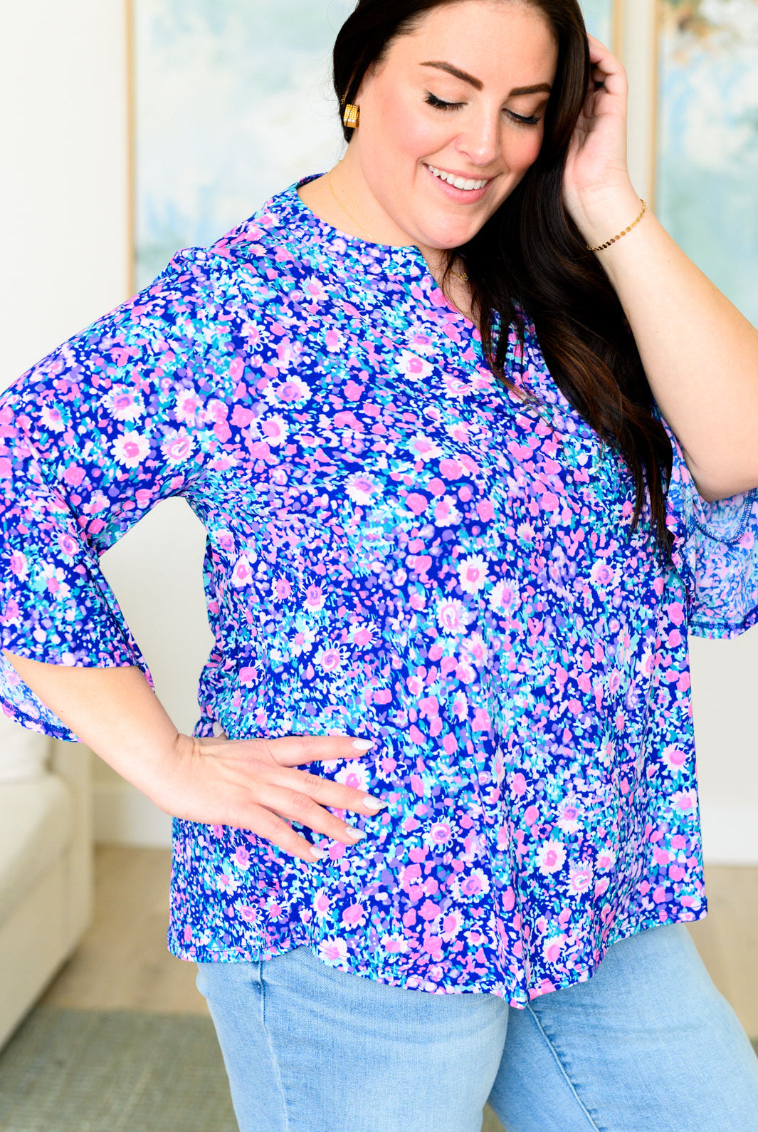 Lizzy Bell Sleeve Top in Navy and Pink Floral-Long Sleeve Tops-Krush Kandy, Women's Online Fashion Boutique Located in Phoenix, Arizona (Scottsdale Area)