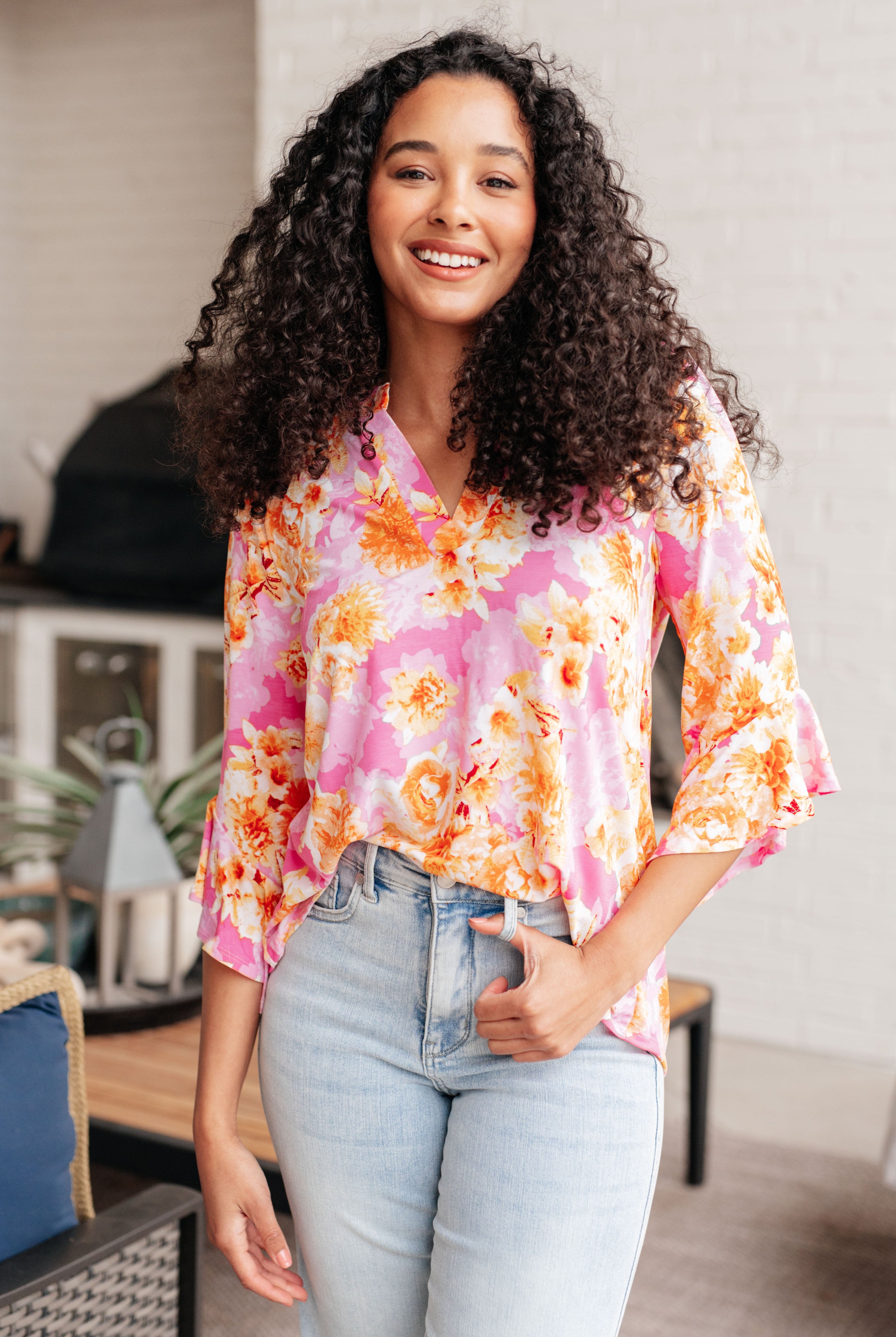 Lizzy Bell Sleeve Top in Pink and Gold Floral-Long Sleeve Tops-Krush Kandy, Women's Online Fashion Boutique Located in Phoenix, Arizona (Scottsdale Area)