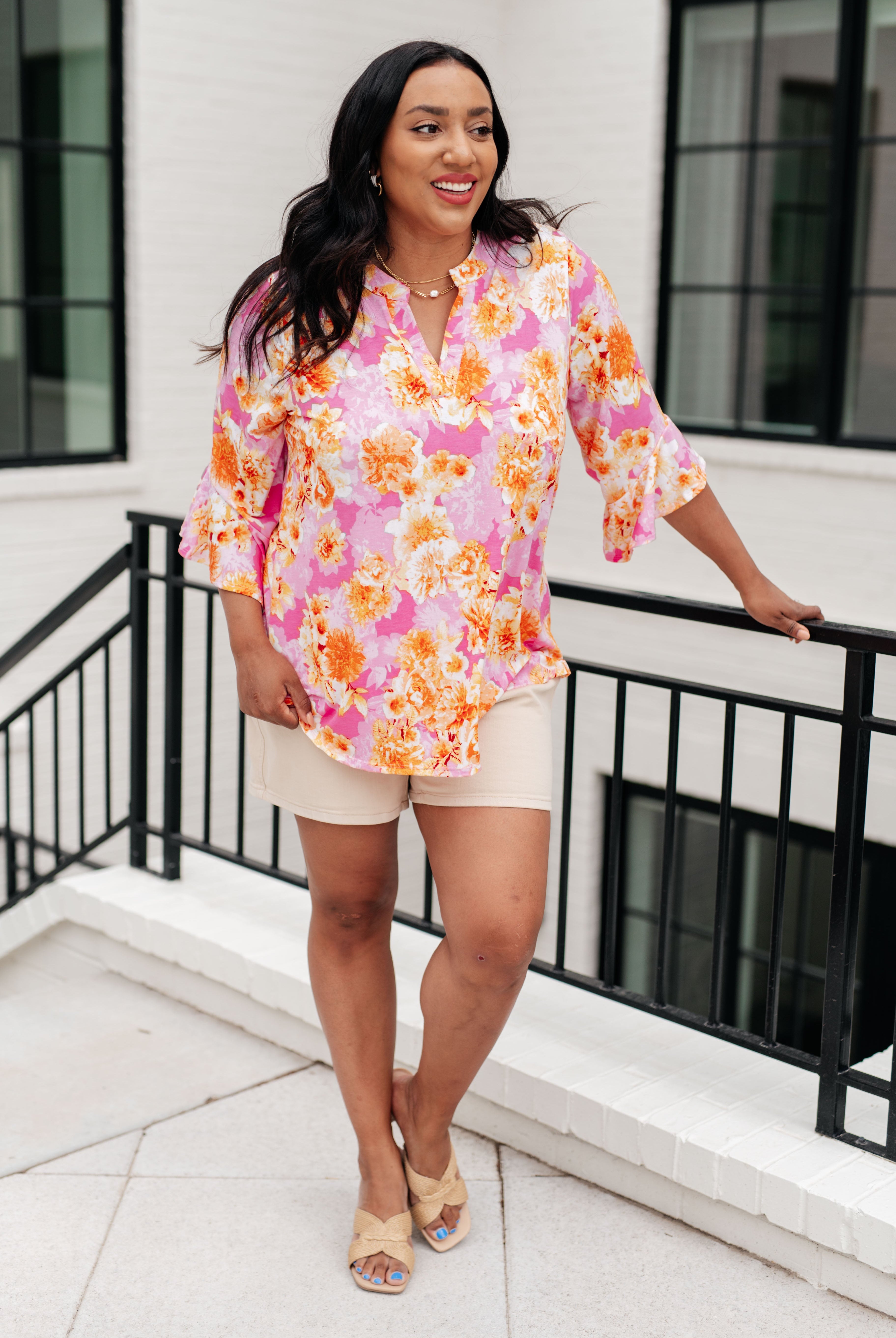 Lizzy Bell Sleeve Top in Pink and Gold Floral-Long Sleeve Tops-Krush Kandy, Women's Online Fashion Boutique Located in Phoenix, Arizona (Scottsdale Area)