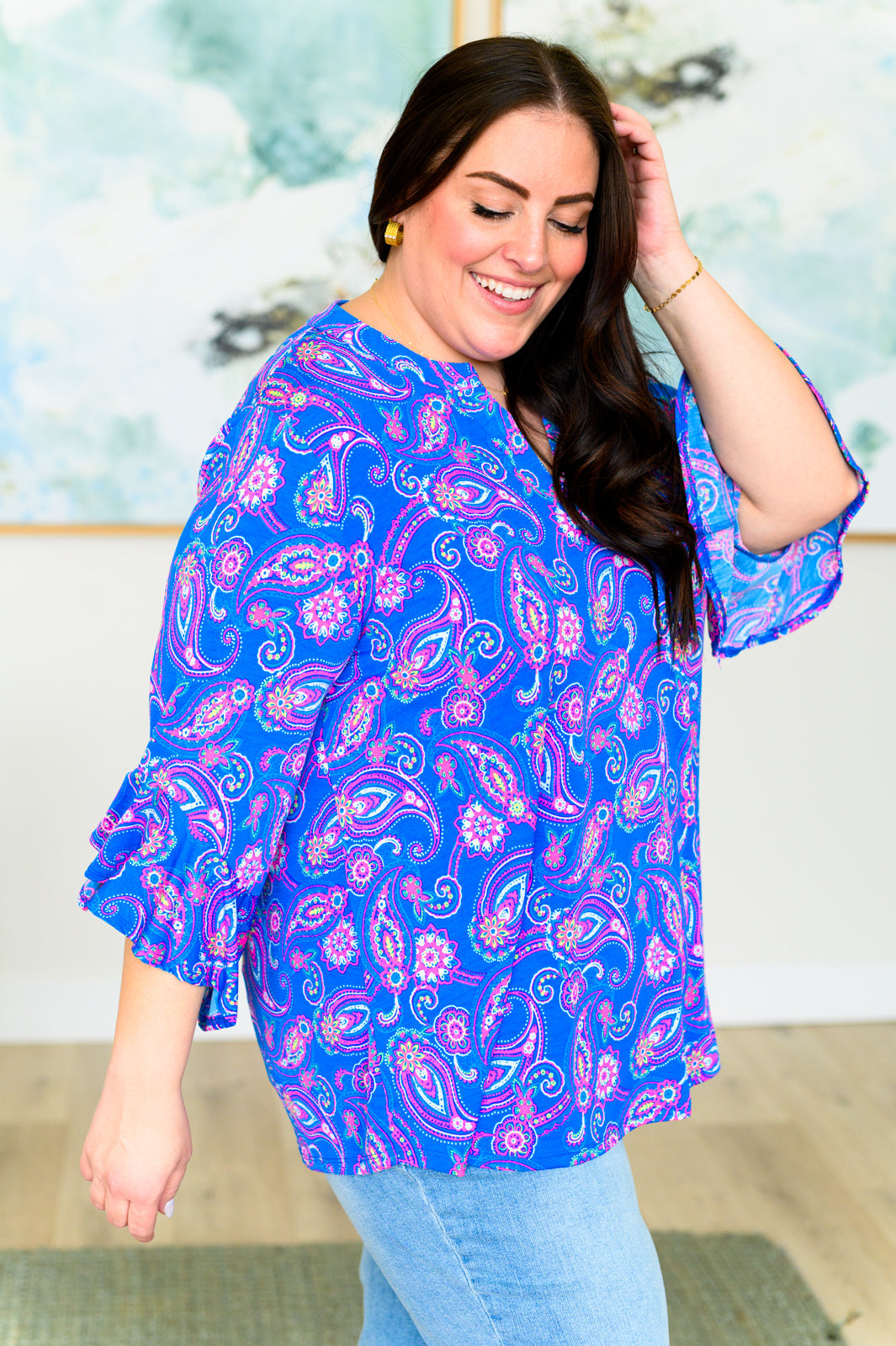 Lizzy Bell Sleeve Top in Royal Paisley-Long Sleeve Tops-Krush Kandy, Women's Online Fashion Boutique Located in Phoenix, Arizona (Scottsdale Area)