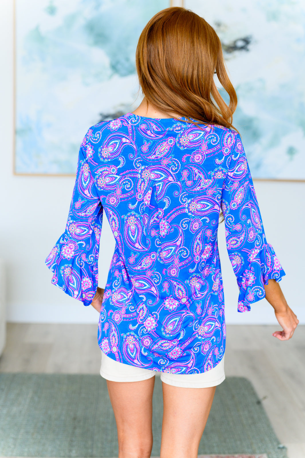 Lizzy Bell Sleeve Top in Royal Paisley-Long Sleeve Tops-Krush Kandy, Women's Online Fashion Boutique Located in Phoenix, Arizona (Scottsdale Area)