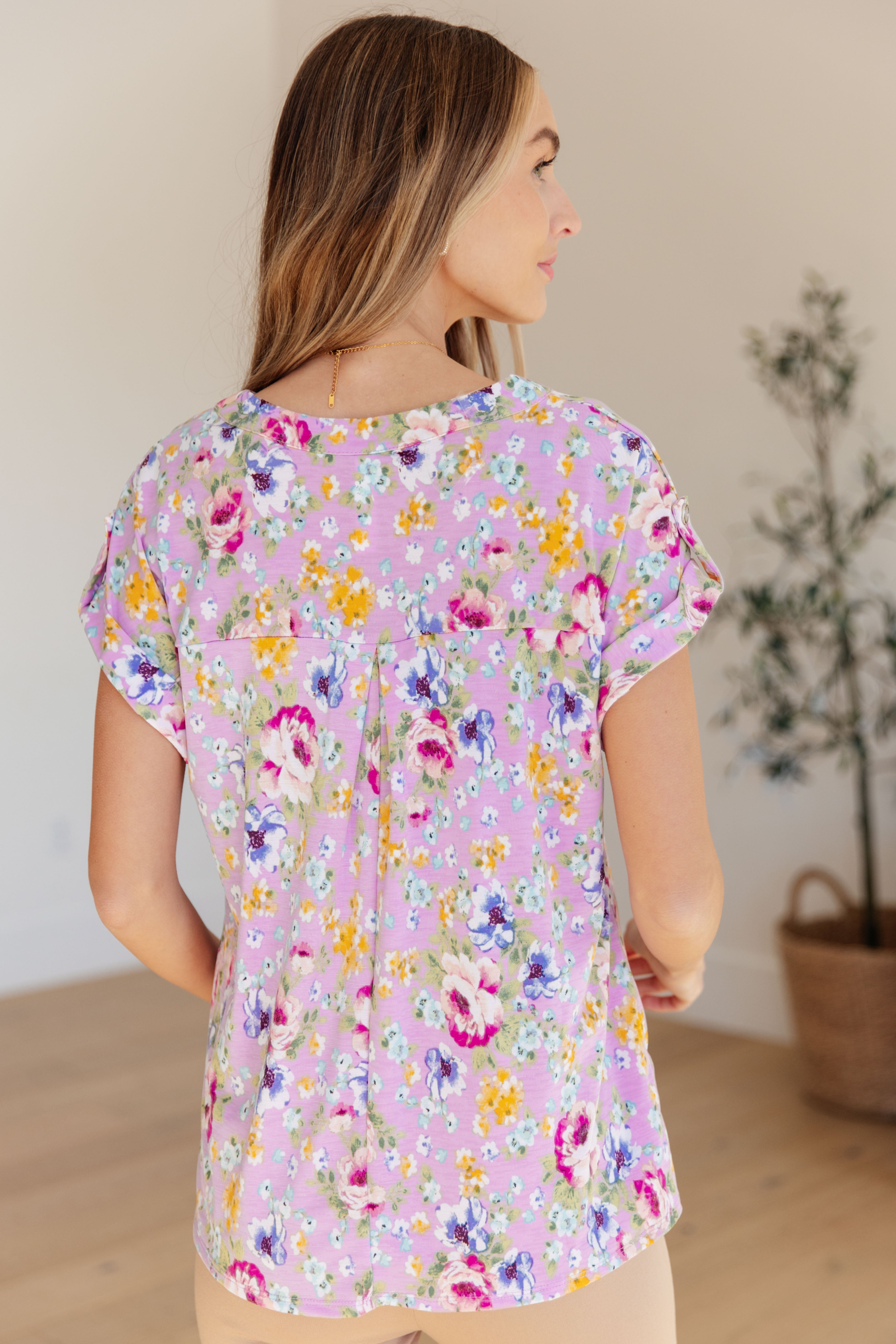 Lizzy Cap Sleeve Top in Lavender and Magenta Floral-Short Sleeve Tops-Krush Kandy, Women's Online Fashion Boutique Located in Phoenix, Arizona (Scottsdale Area)