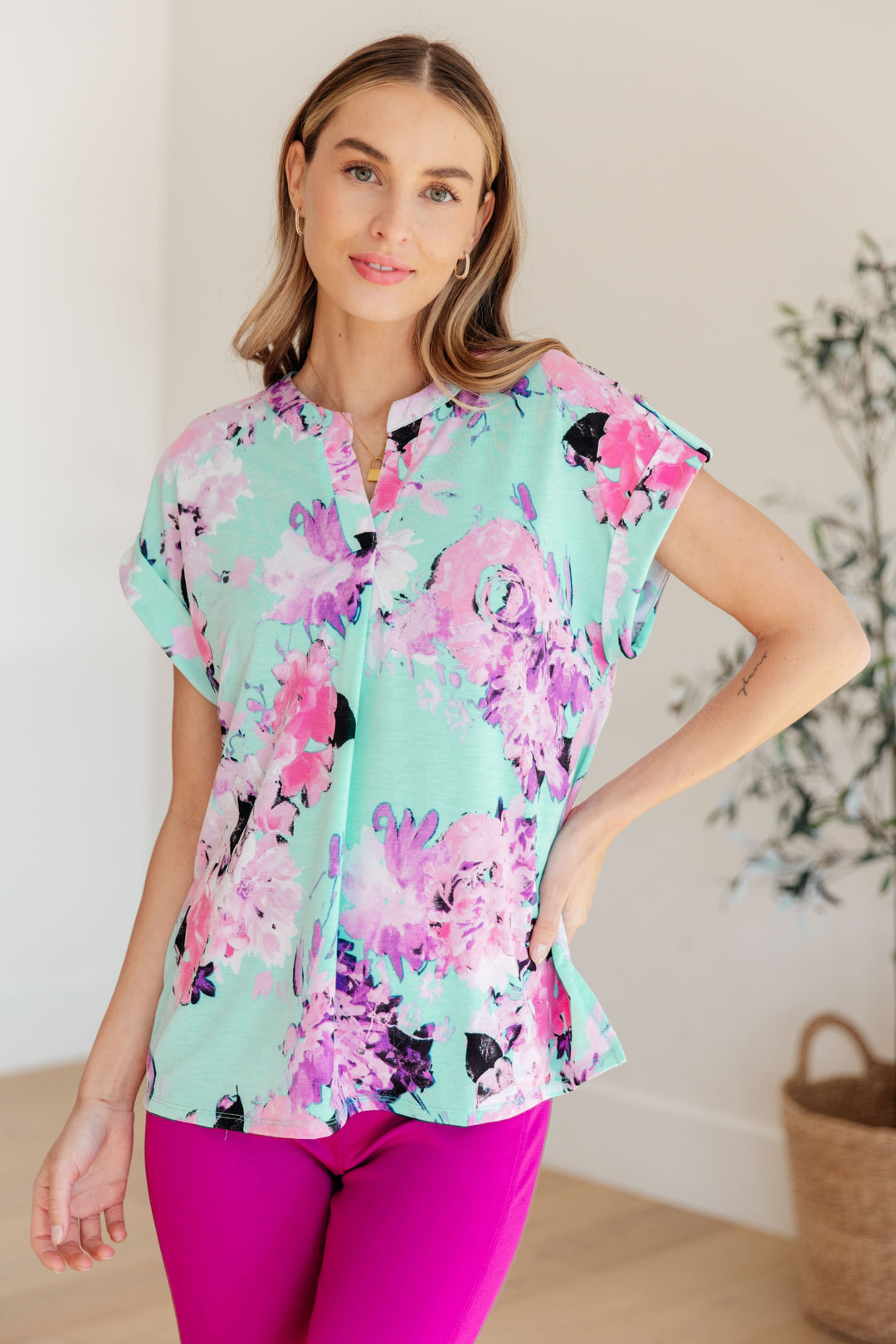 Lizzy Cap Sleeve Top in Lavender and Sky Floral-Short Sleeve Tops-Krush Kandy, Women's Online Fashion Boutique Located in Phoenix, Arizona (Scottsdale Area)
