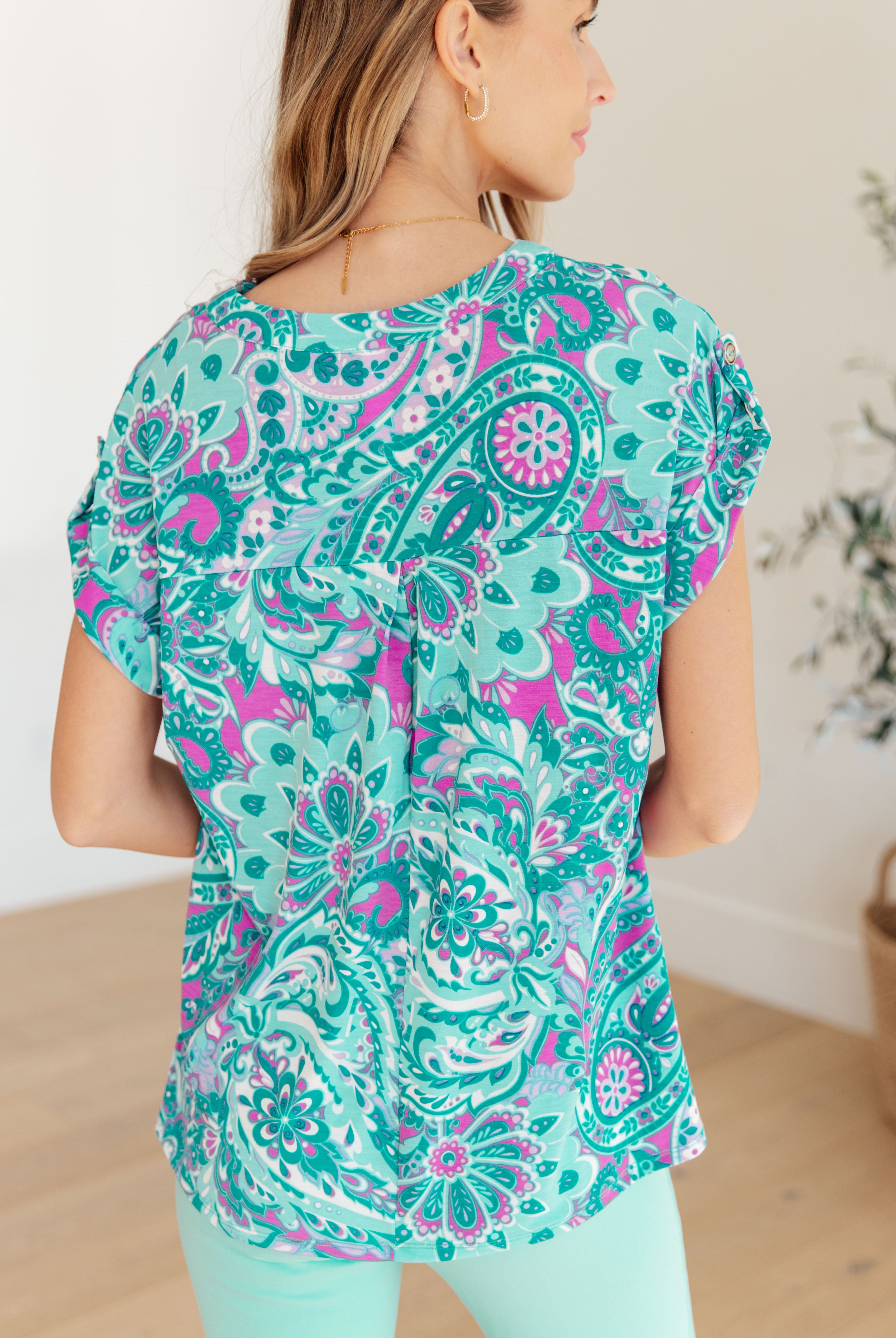 Lizzy Cap Sleeve Top in Magenta and Teal Paisley-Short Sleeve Tops-Krush Kandy, Women's Online Fashion Boutique Located in Phoenix, Arizona (Scottsdale Area)