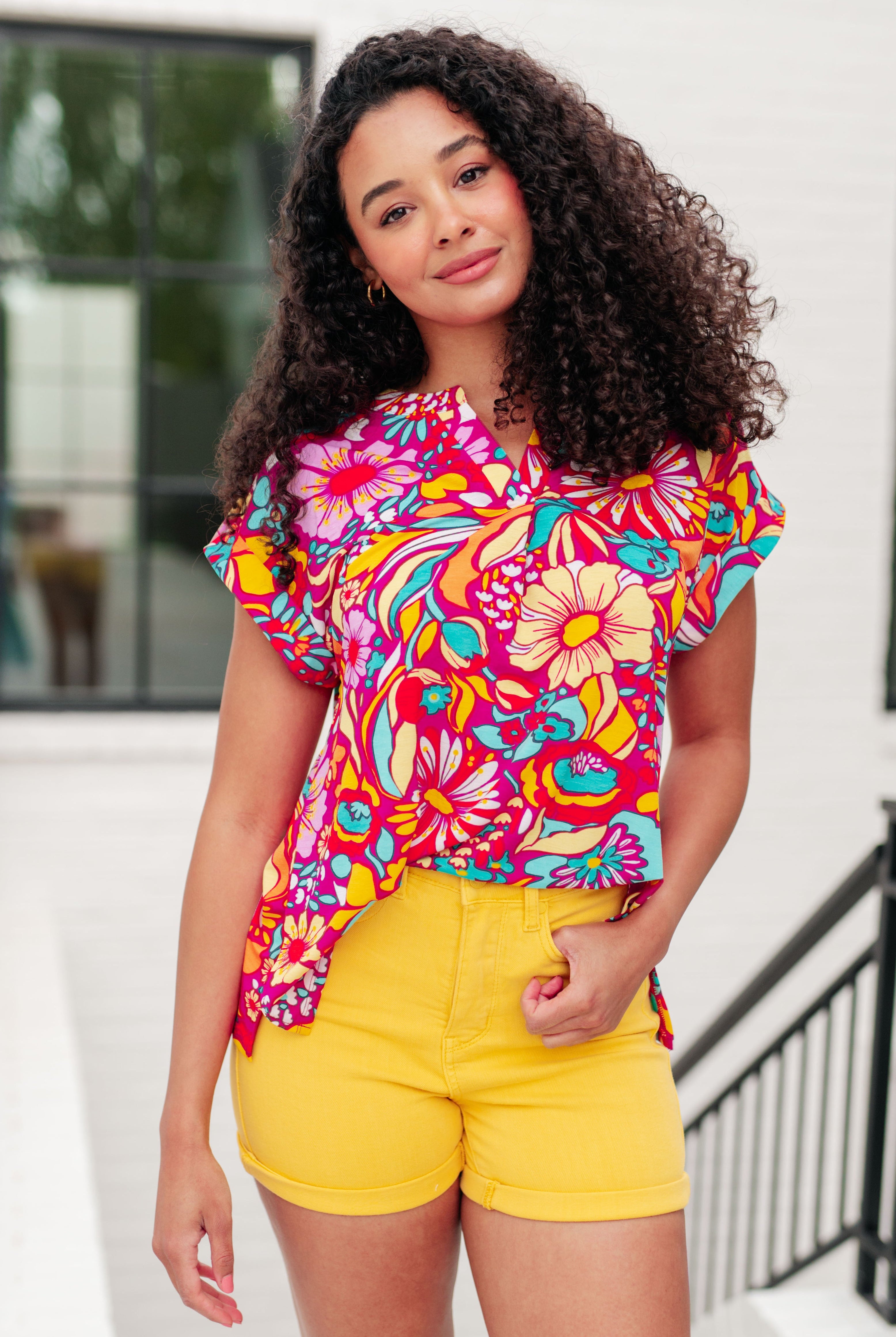 Lizzy Cap Sleeve Top Magenta and Pink Multi Floral-Short Sleeve Tops-Krush Kandy, Women's Online Fashion Boutique Located in Phoenix, Arizona (Scottsdale Area)