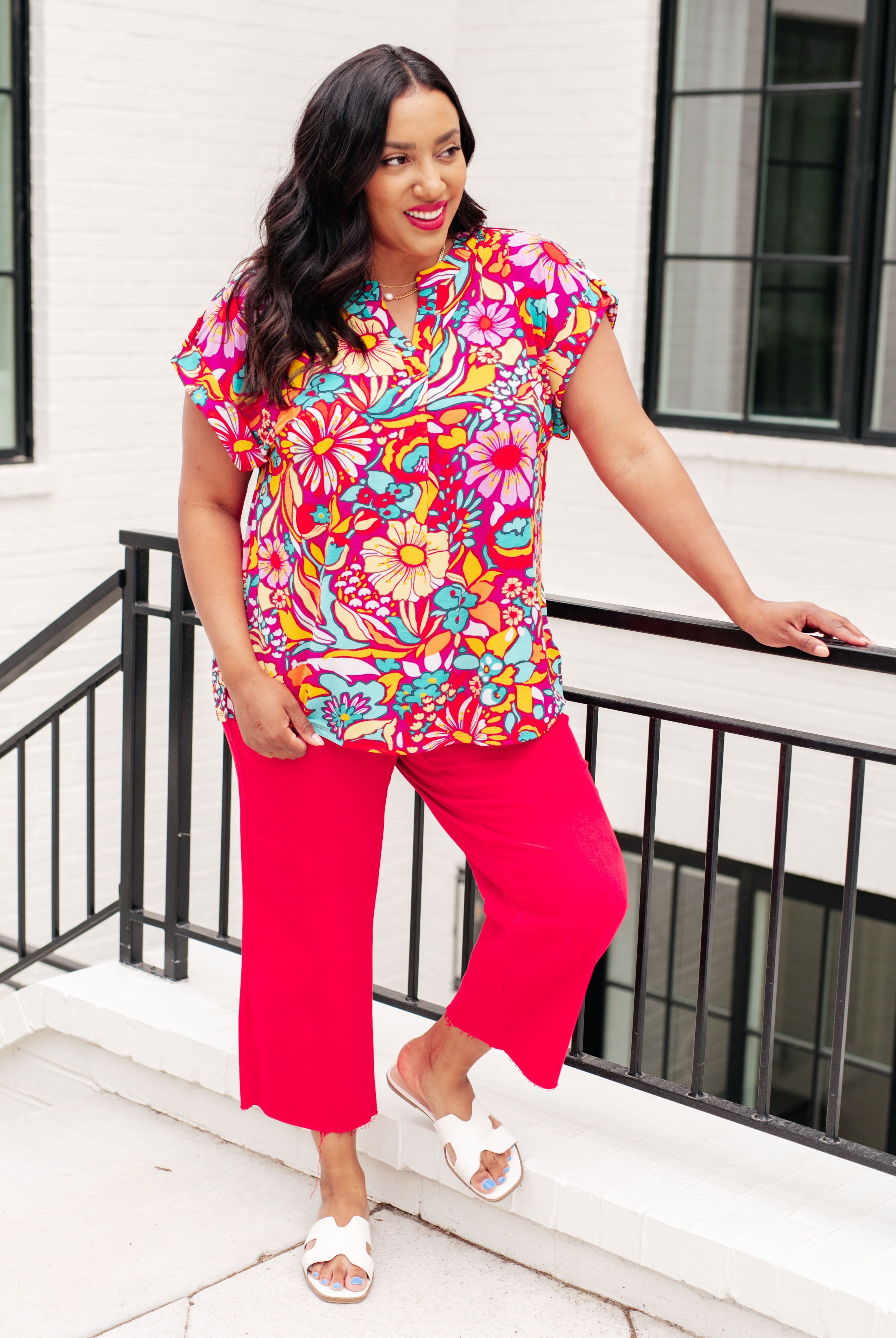 Lizzy Cap Sleeve Top Magenta and Pink Multi Floral-Short Sleeve Tops-Krush Kandy, Women's Online Fashion Boutique Located in Phoenix, Arizona (Scottsdale Area)