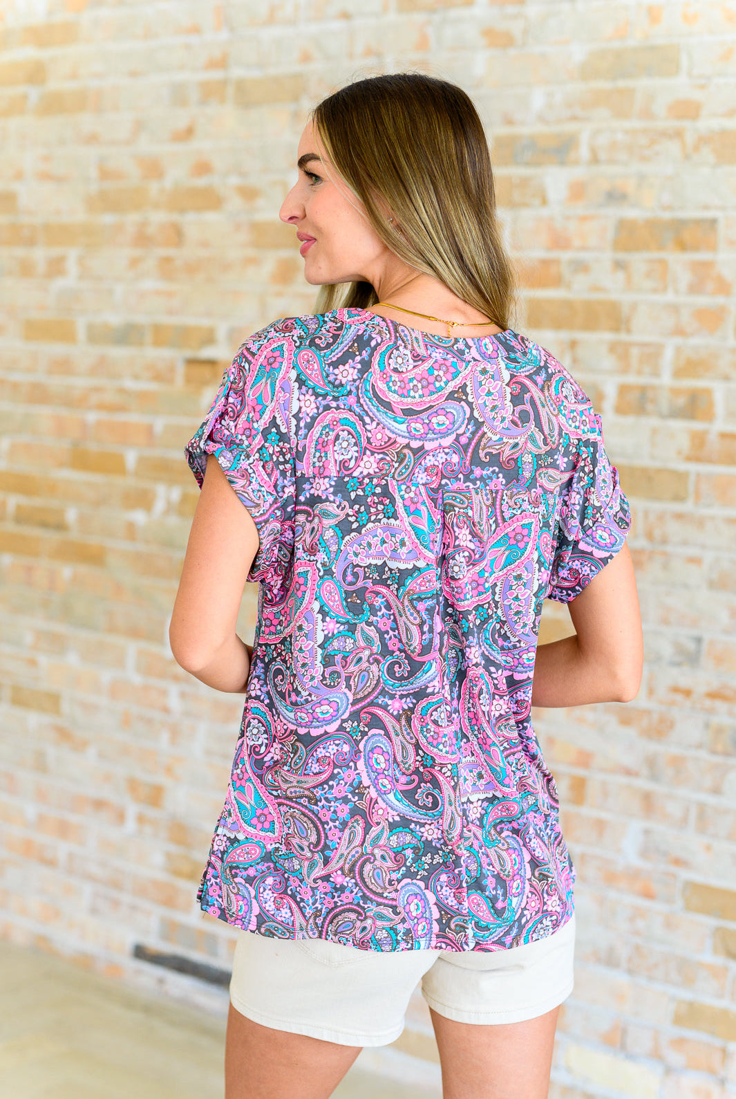 Lizzy Cap Sleeve Top in Charcoal and Pink Paisley-Short Sleeve Tops-Krush Kandy, Women's Online Fashion Boutique Located in Phoenix, Arizona (Scottsdale Area)