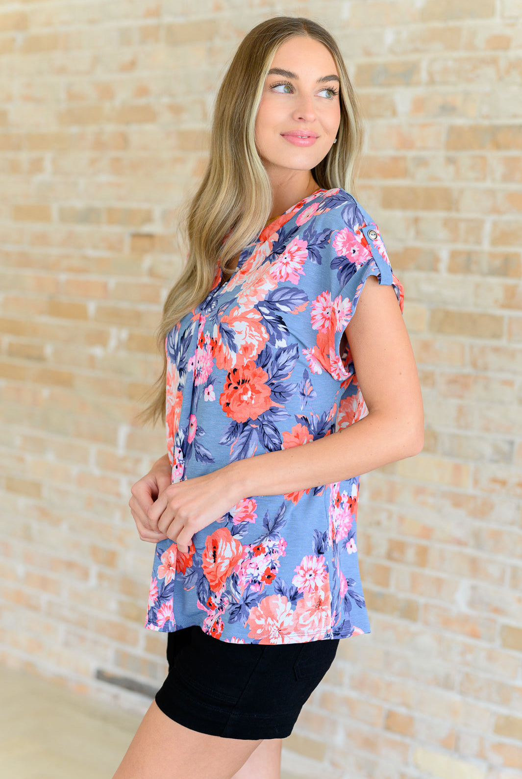 Lizzy Cap Sleeve Top in Dusty Blue and Coral Roses-Short Sleeve Tops-Krush Kandy, Women's Online Fashion Boutique Located in Phoenix, Arizona (Scottsdale Area)