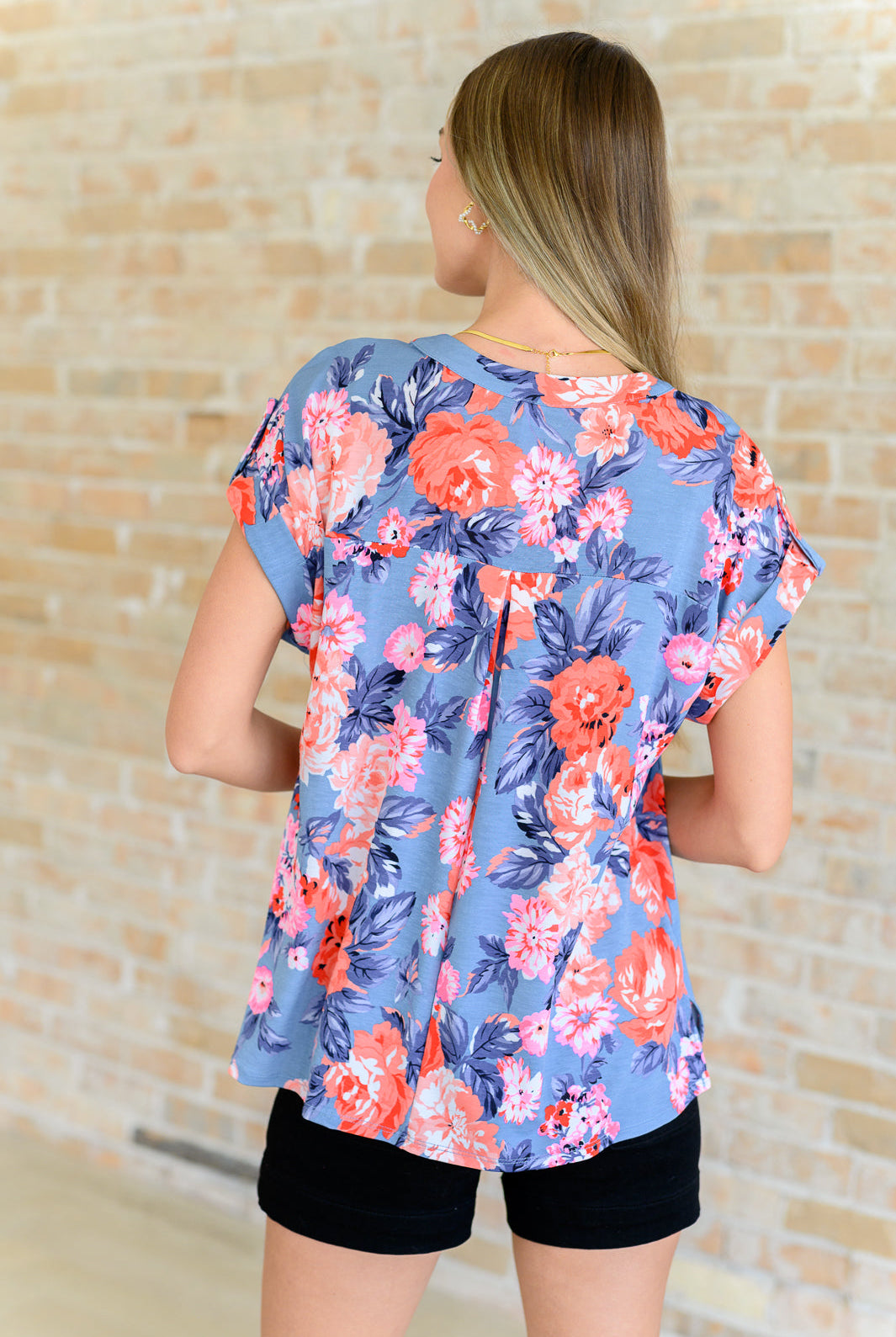 Lizzy Cap Sleeve Top in Dusty Blue and Coral Roses-Short Sleeve Tops-Krush Kandy, Women's Online Fashion Boutique Located in Phoenix, Arizona (Scottsdale Area)