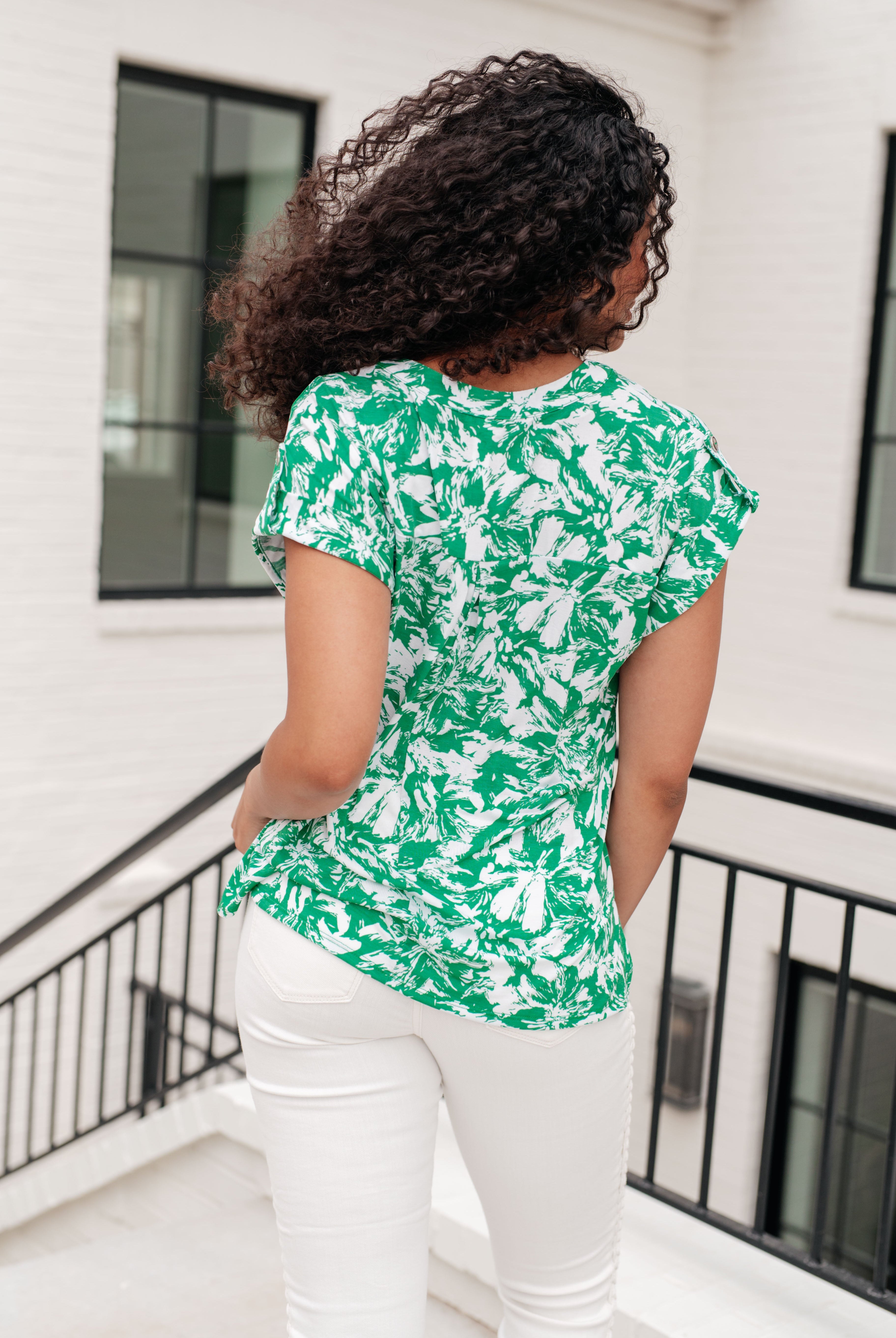 Lizzy Cap Sleeve Top in Emerald and White Floral-Short Sleeve Tops-Krush Kandy, Women's Online Fashion Boutique Located in Phoenix, Arizona (Scottsdale Area)