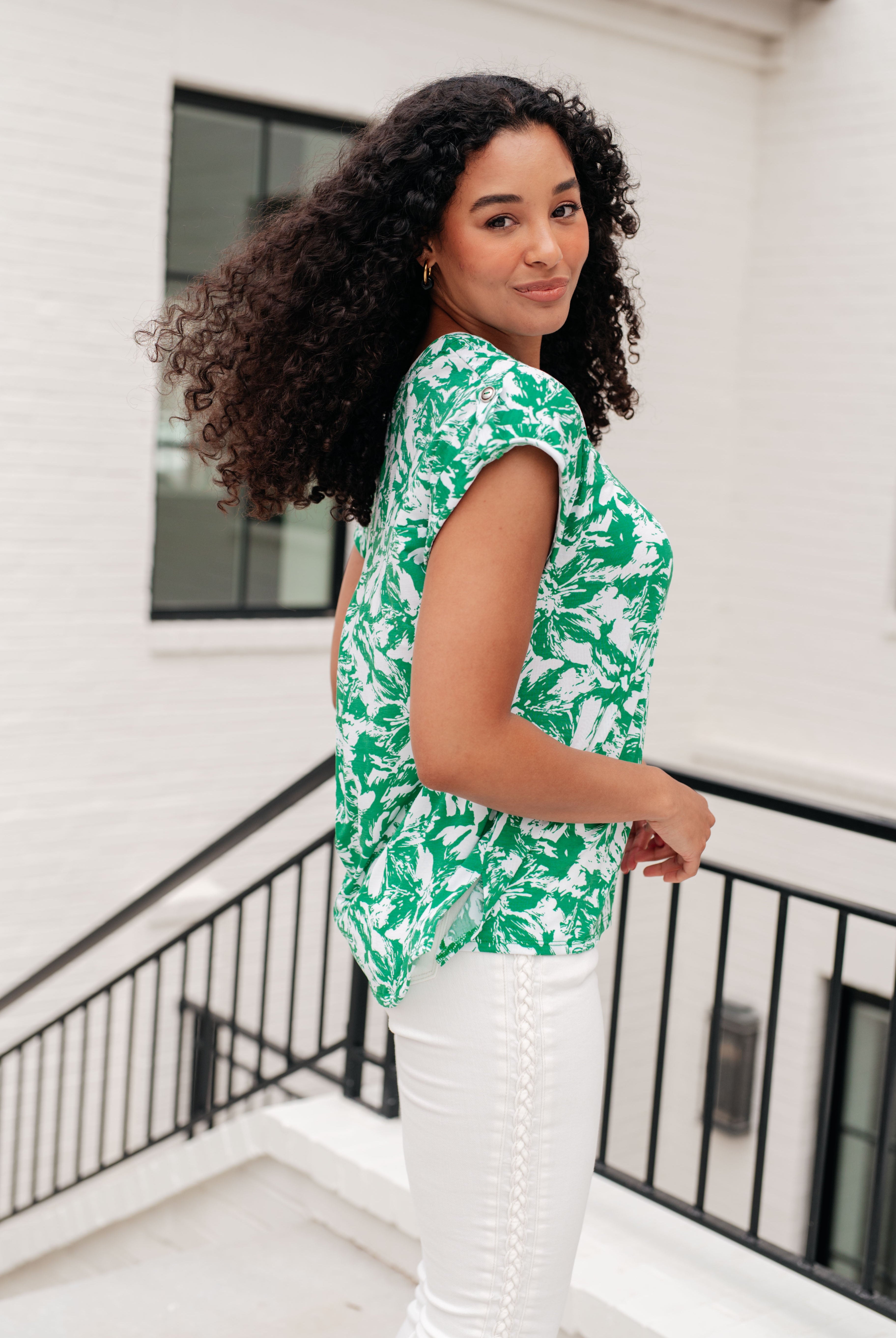 Lizzy Cap Sleeve Top in Emerald and White Floral-Short Sleeve Tops-Krush Kandy, Women's Online Fashion Boutique Located in Phoenix, Arizona (Scottsdale Area)