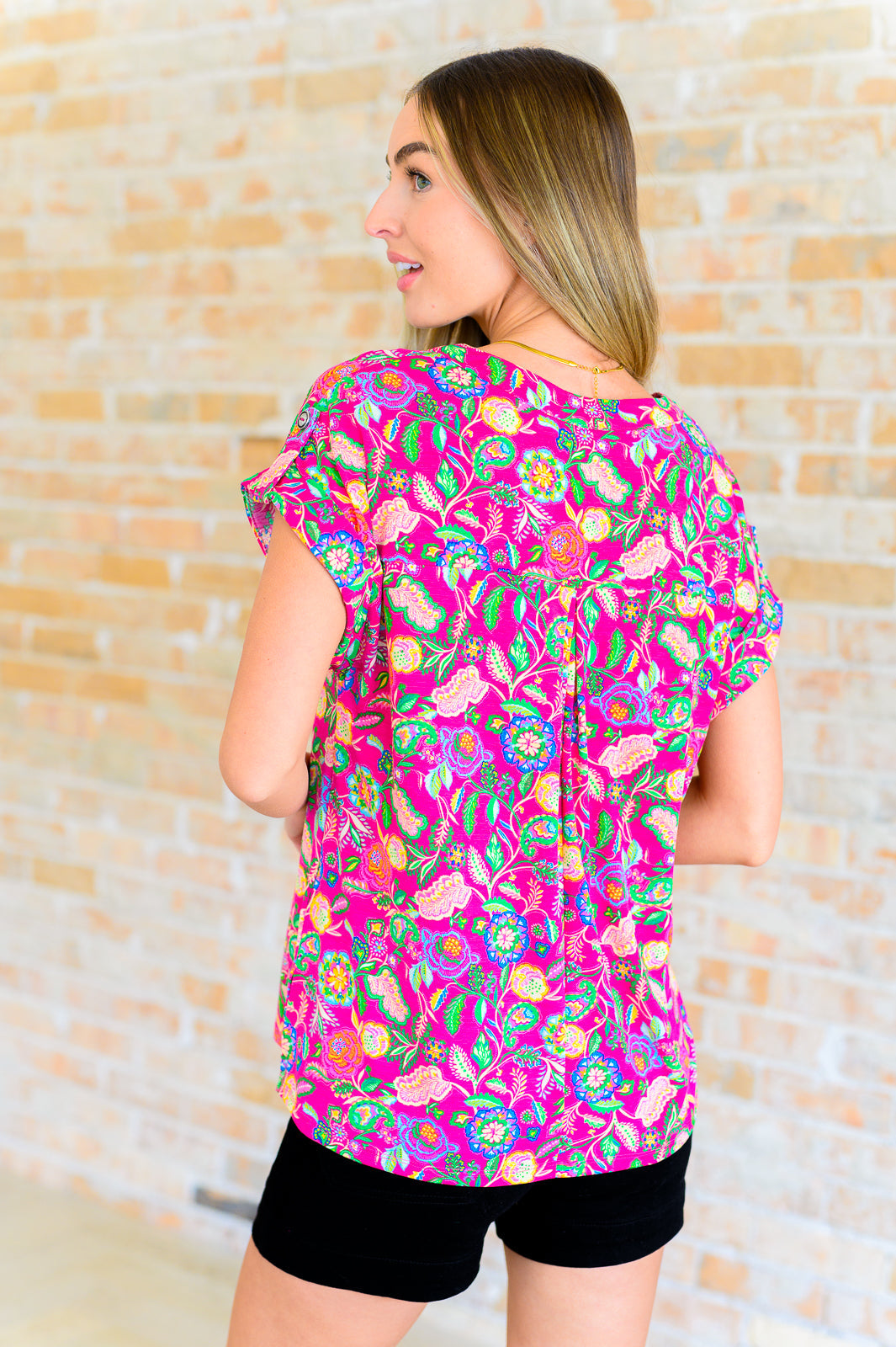 Lizzy Cap Sleeve Top in Fuchsia and Green Floral Paisley-Short Sleeve Tops-Krush Kandy, Women's Online Fashion Boutique Located in Phoenix, Arizona (Scottsdale Area)