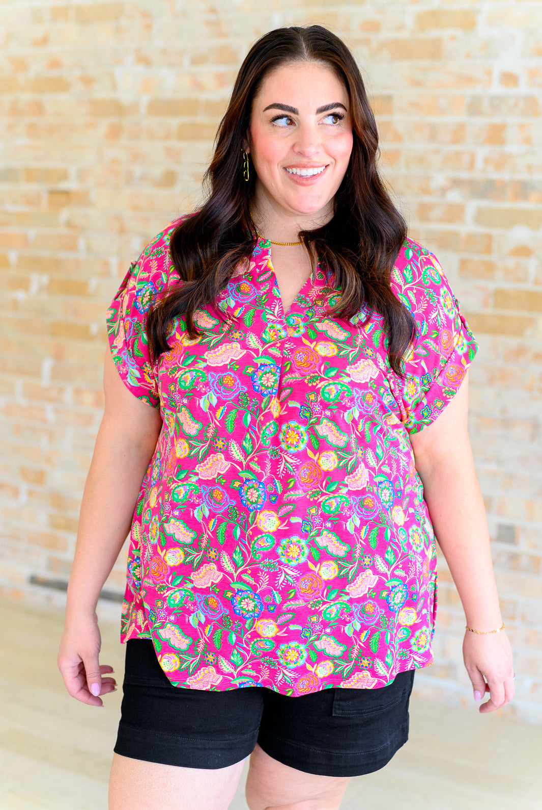 Lizzy Cap Sleeve Top in Fuchsia and Green Floral Paisley-Short Sleeve Tops-Krush Kandy, Women's Online Fashion Boutique Located in Phoenix, Arizona (Scottsdale Area)