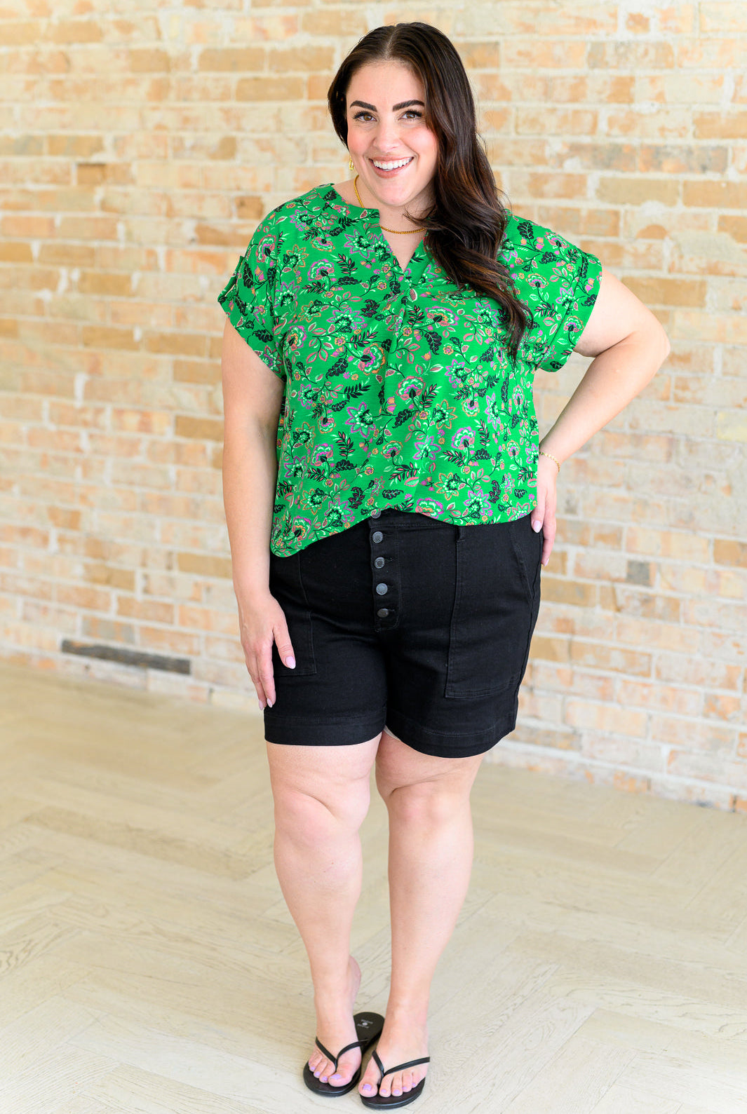 Lizzy Cap Sleeve Top in Green and Black Floral-Short Sleeve Tops-Krush Kandy, Women's Online Fashion Boutique Located in Phoenix, Arizona (Scottsdale Area)