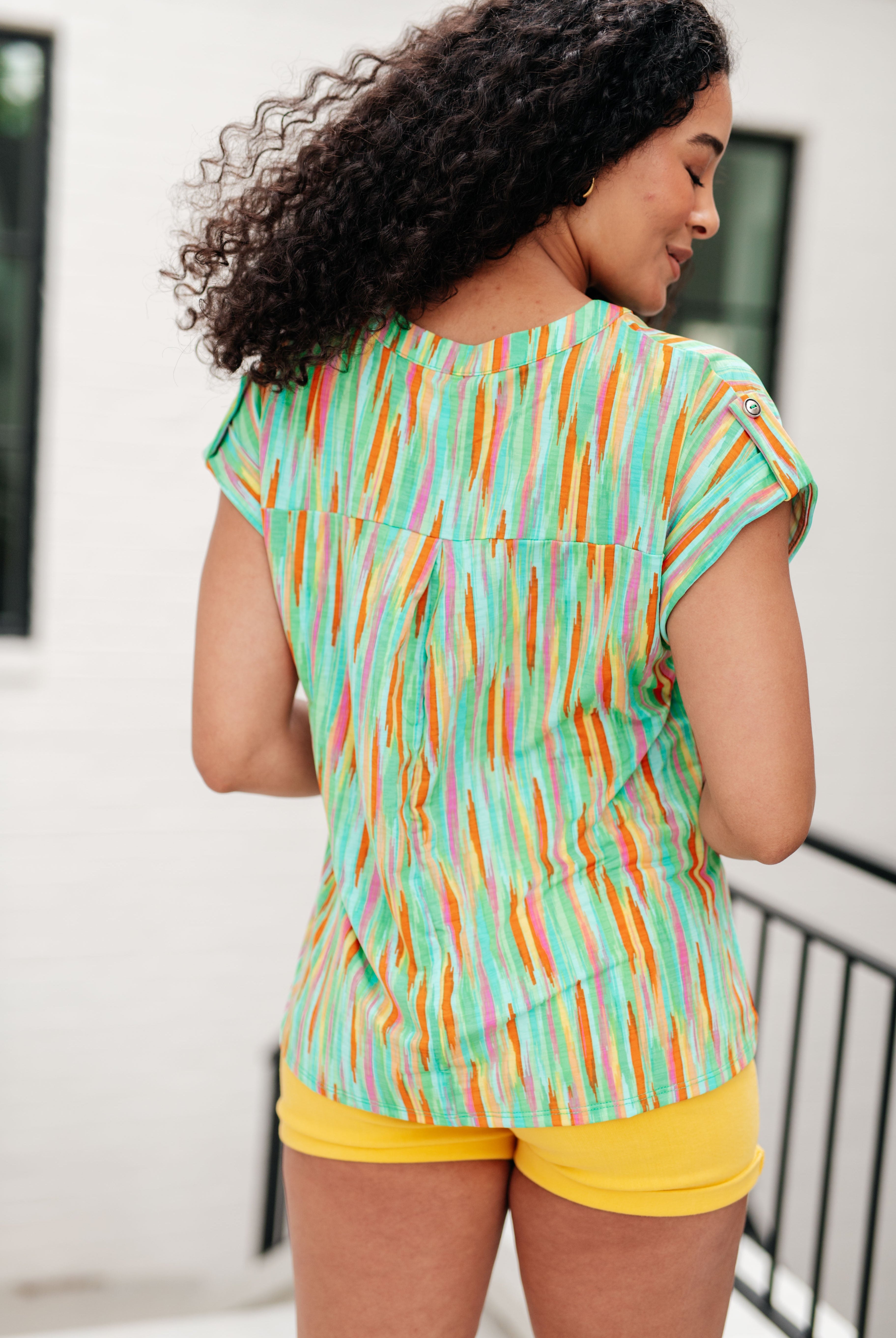 Lizzy Cap Sleeve Top in Lime and Emerald Multi Stripe-Short Sleeve Tops-Krush Kandy, Women's Online Fashion Boutique Located in Phoenix, Arizona (Scottsdale Area)