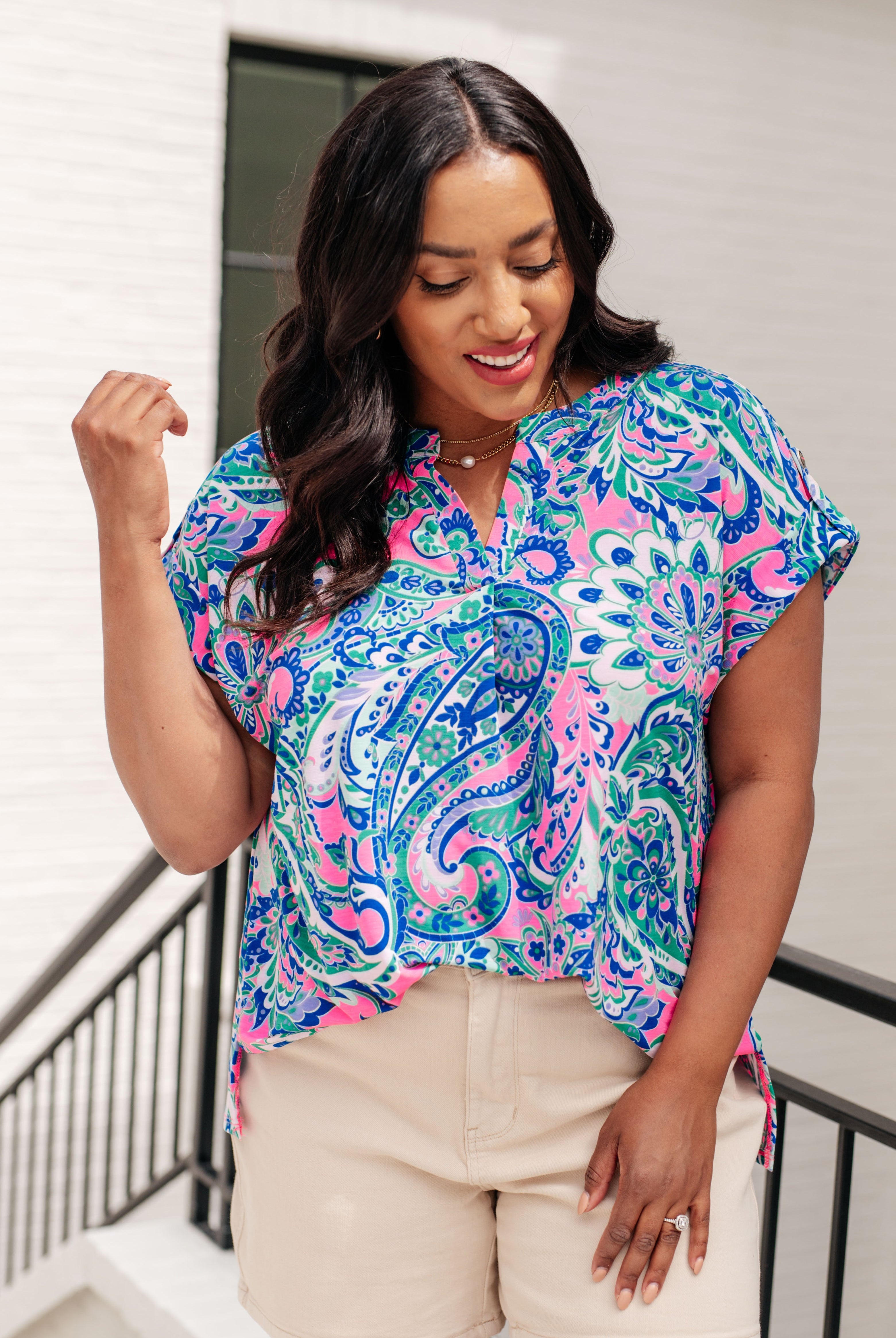 Lizzy Cap Sleeve Top in Pink and Jade Paisley Mix-Short Sleeve Tops-Krush Kandy, Women's Online Fashion Boutique Located in Phoenix, Arizona (Scottsdale Area)