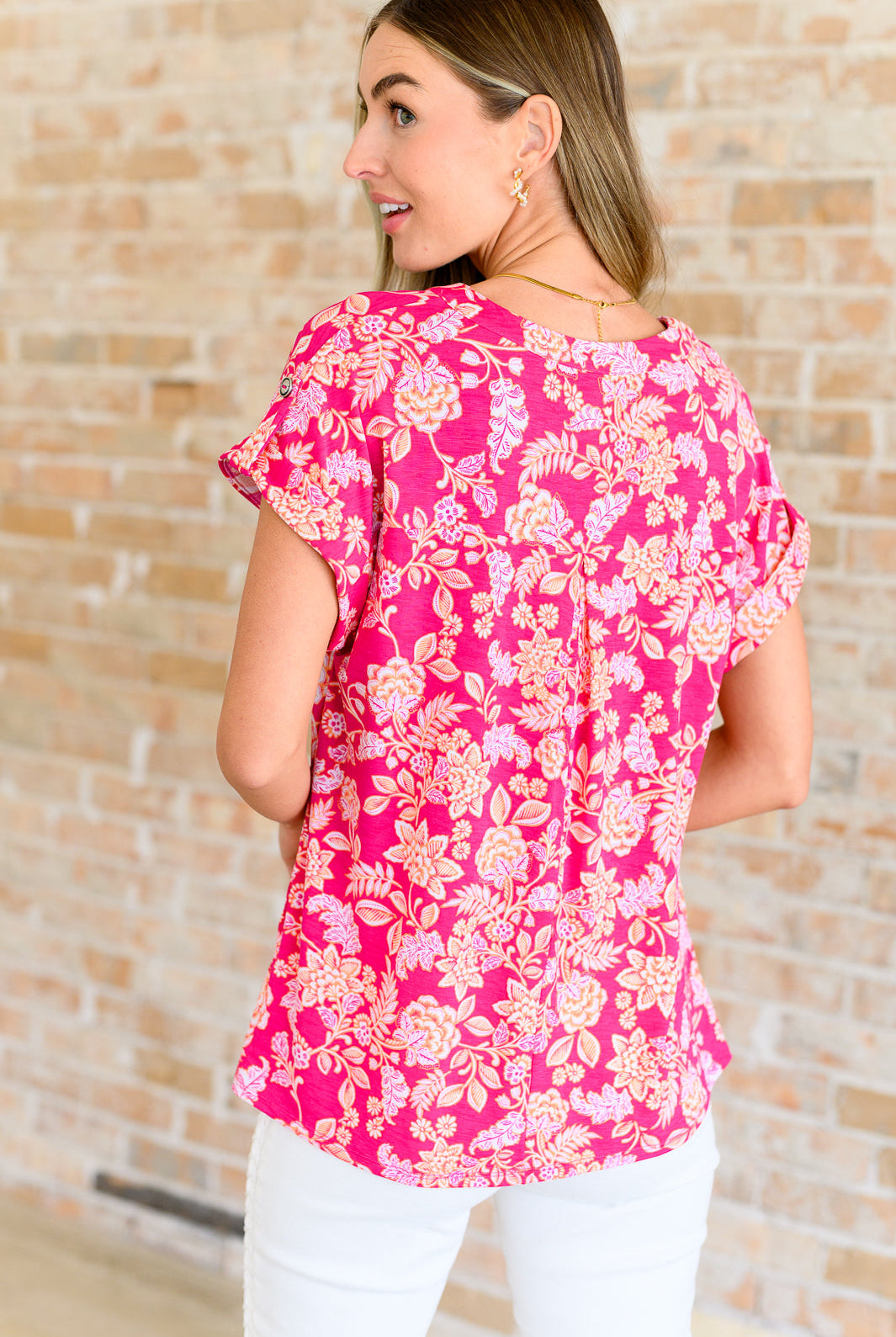 Lizzy Cap Sleeve Top in Pink and Peach Floral-Short Sleeve Tops-Krush Kandy, Women's Online Fashion Boutique Located in Phoenix, Arizona (Scottsdale Area)
