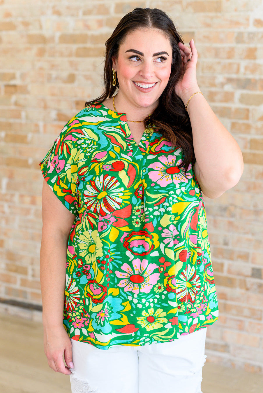 Lizzy Cap Sleeve Top in Retro Green Floral-Short Sleeve Tops-Krush Kandy, Women's Online Fashion Boutique Located in Phoenix, Arizona (Scottsdale Area)