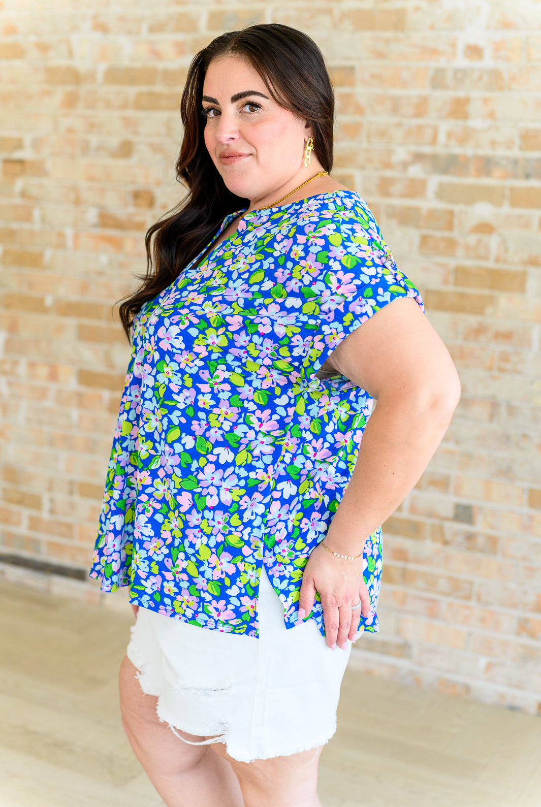 Lizzy Cap Sleeve Top in Royal and Pink Wildflower-Short Sleeve Tops-Krush Kandy, Women's Online Fashion Boutique Located in Phoenix, Arizona (Scottsdale Area)