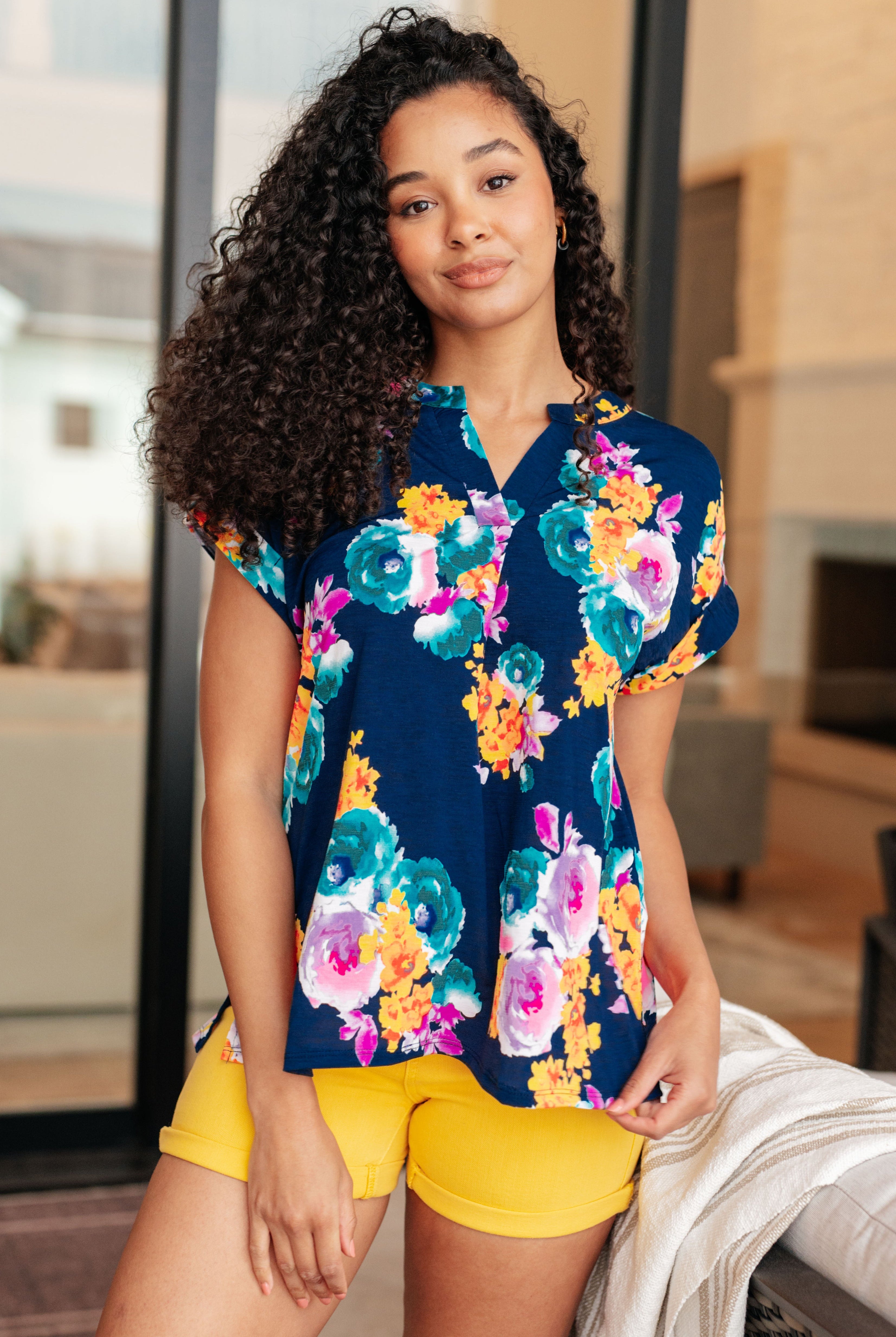 Lizzy Cap Sleeve in Navy and Pastel Bouquet-Short Sleeve Tops-Krush Kandy, Women's Online Fashion Boutique Located in Phoenix, Arizona (Scottsdale Area)